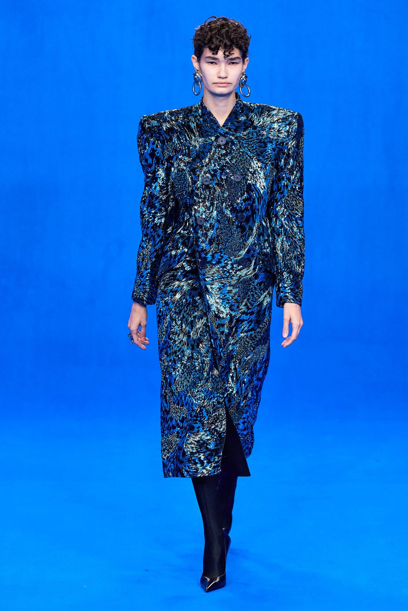 blue black silk midi dress with pointed shoes