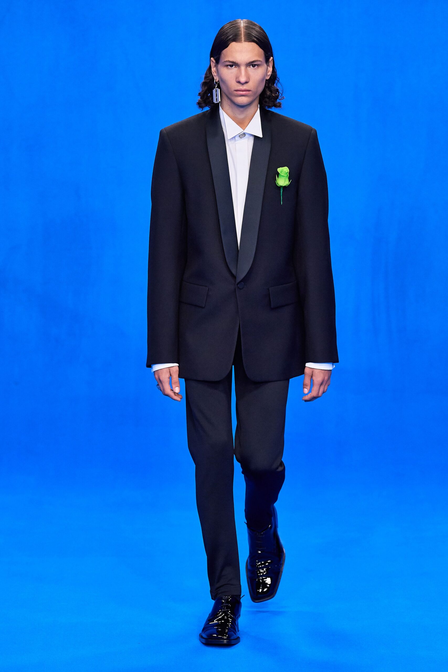 black tailored suit with white shirt