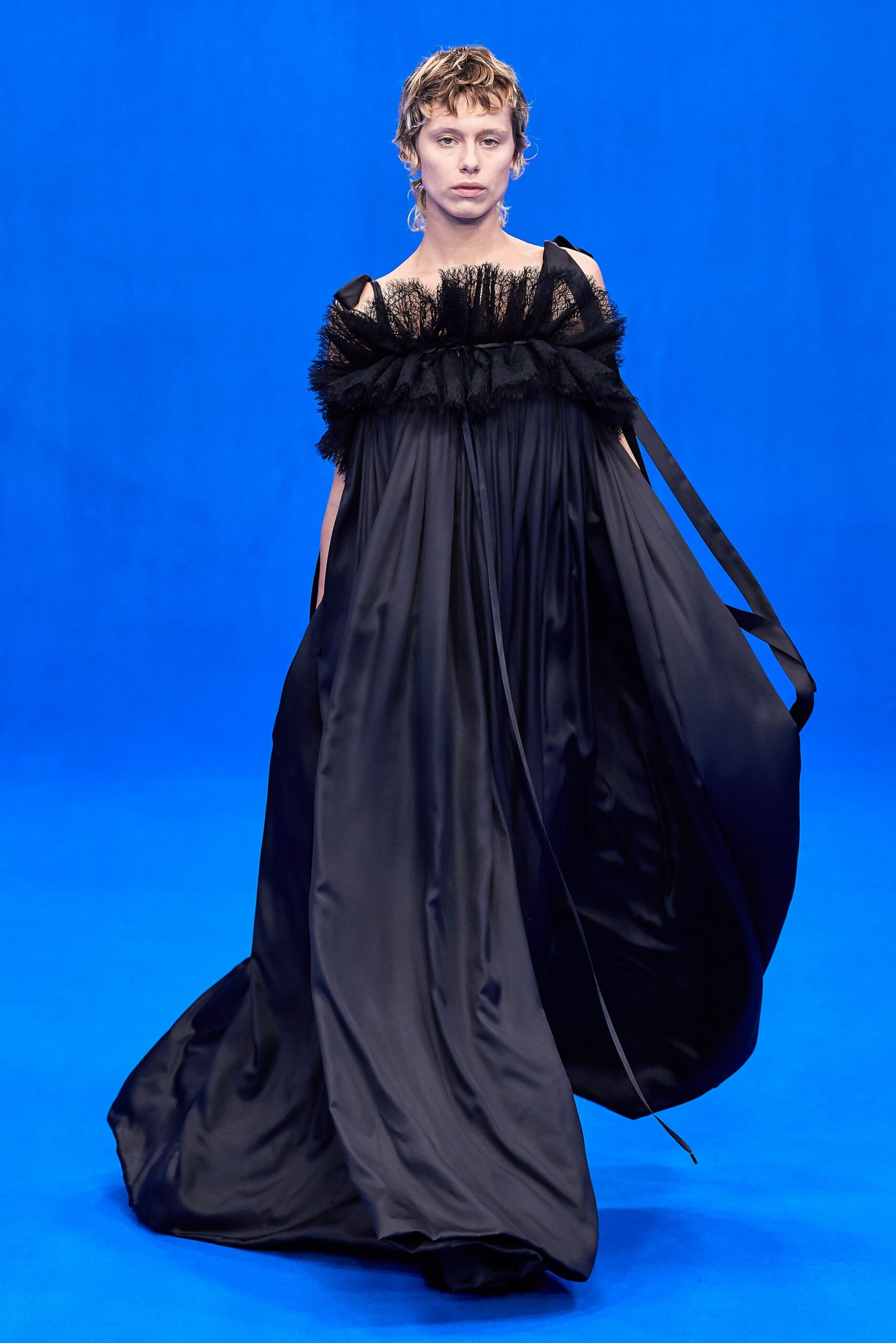 black silk off-shoulder gown