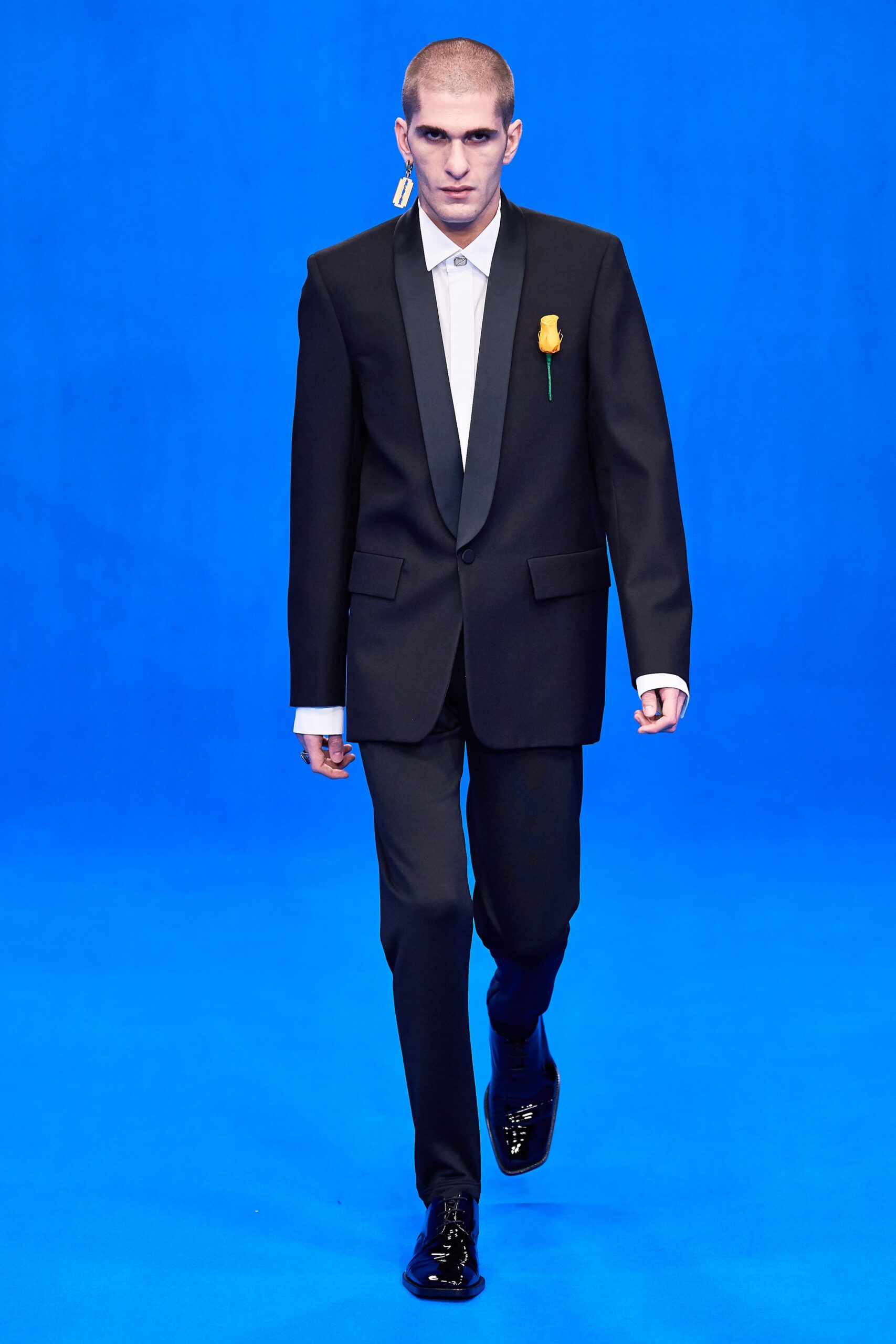 black tailored suit with white shirt