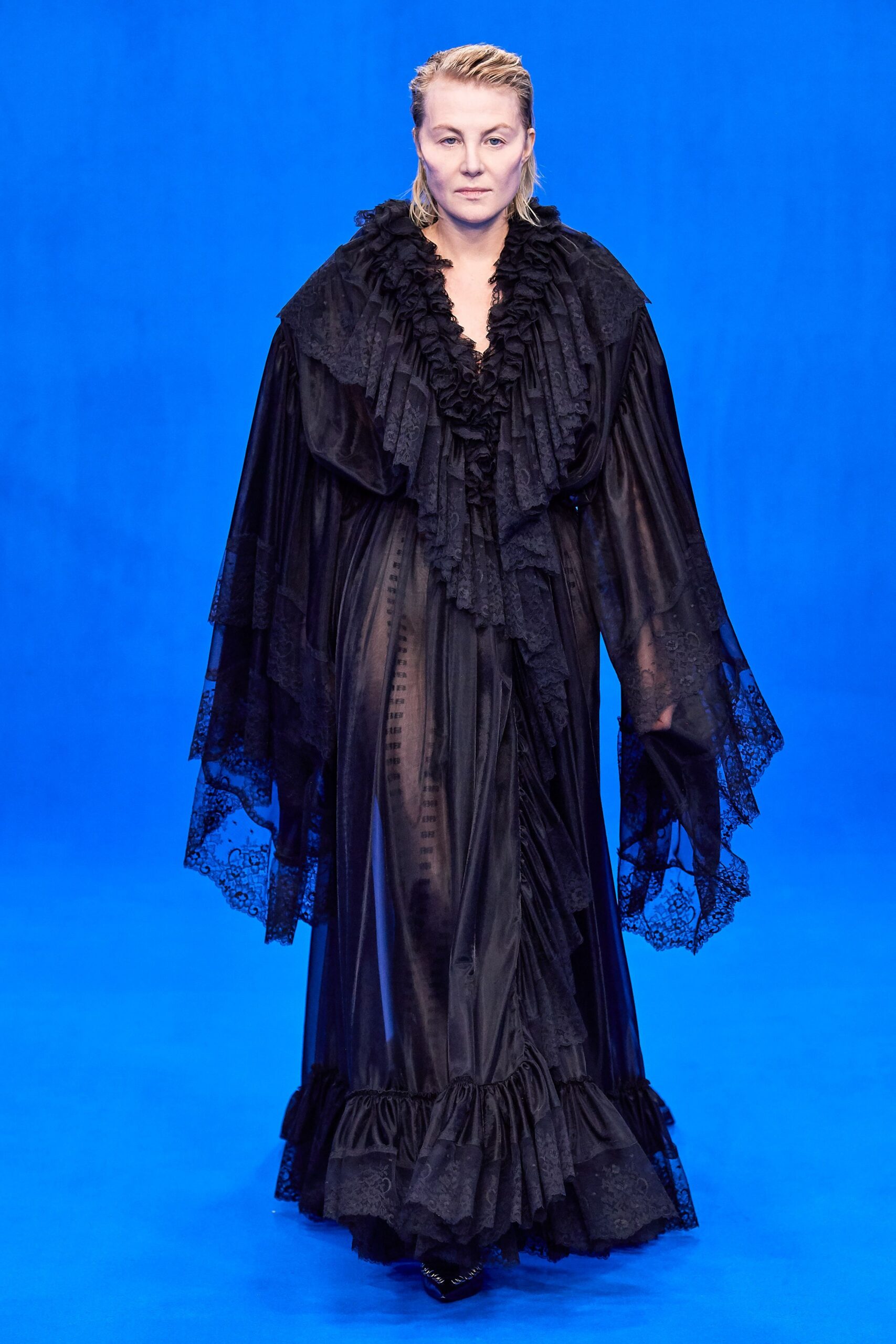 black silk ruffled gown