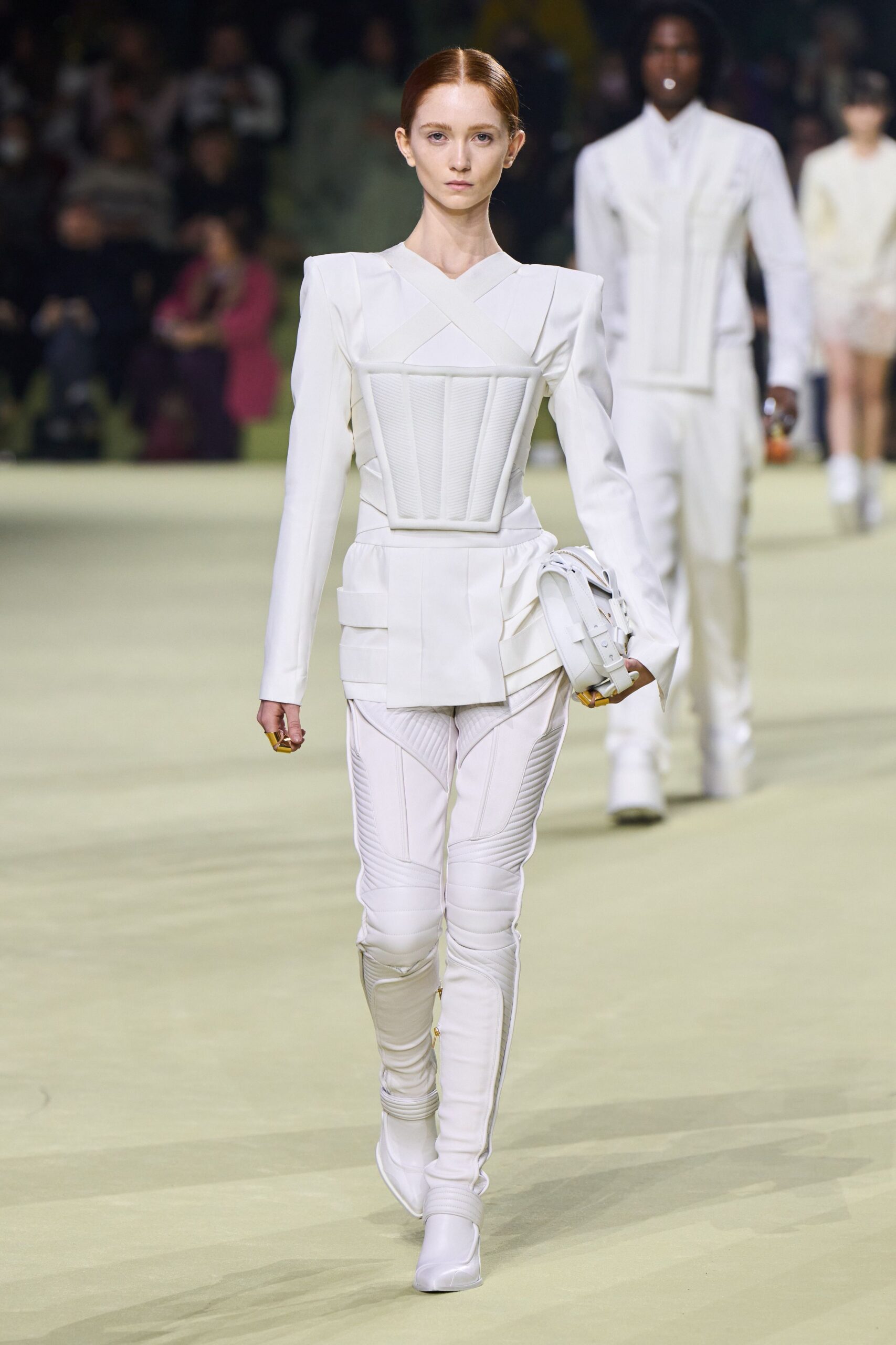 white cotton long-sleeve v-neck fitted structured zippered jacket