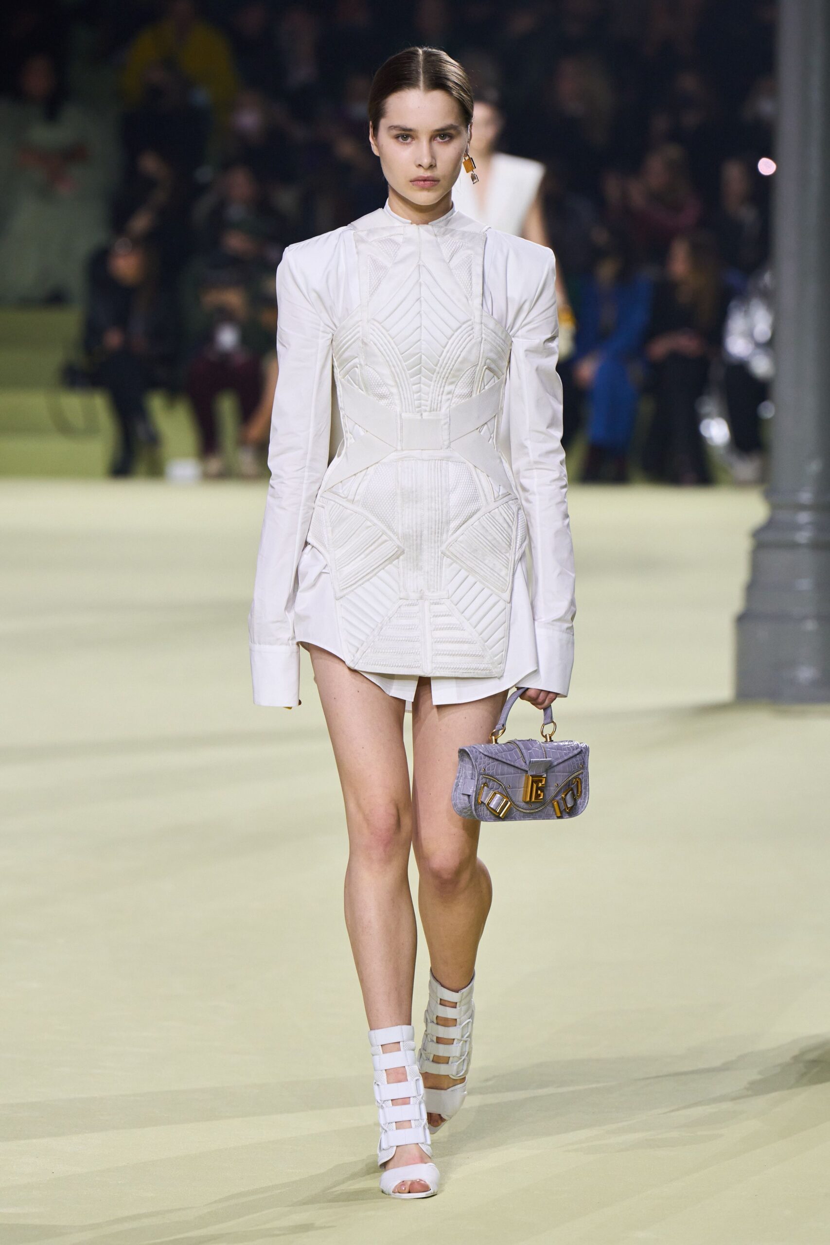 white cotton long-sleeve collared fitted structured embroidered mini-dress