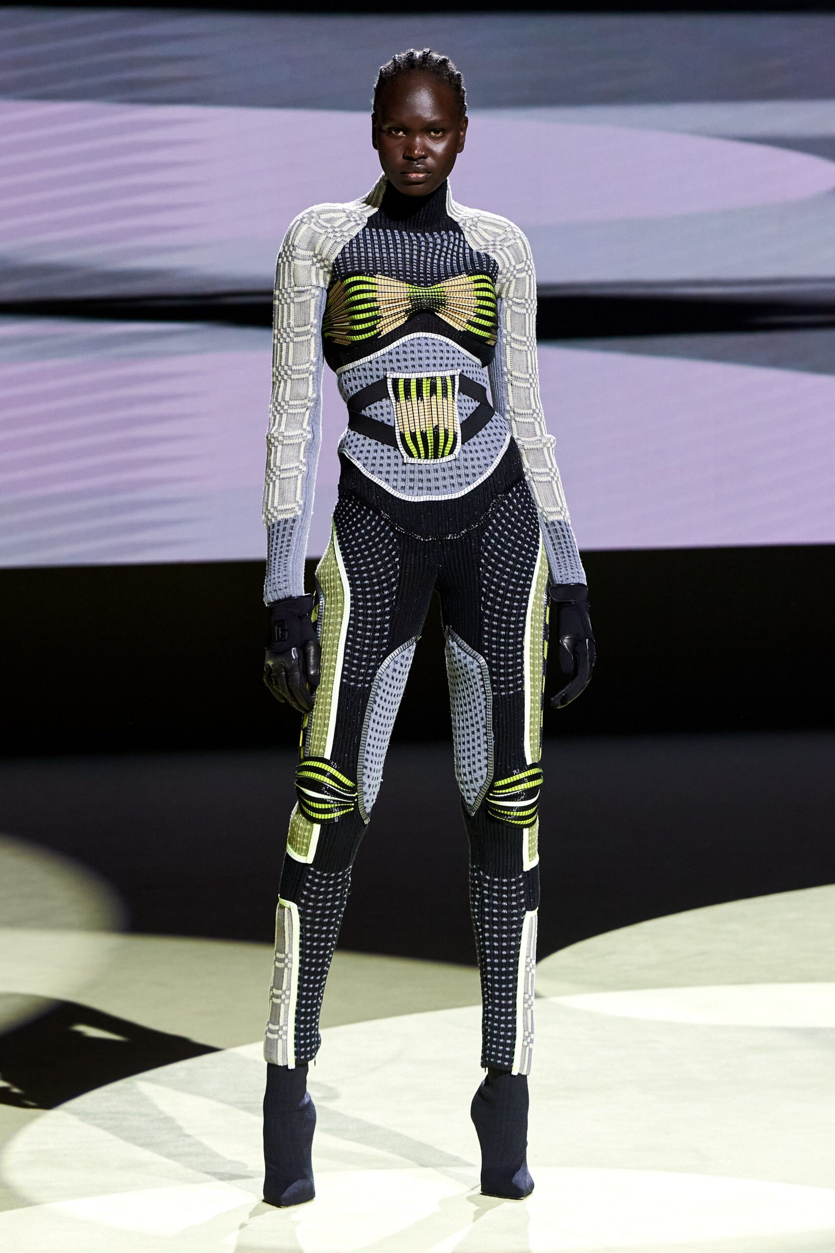 black and white fitted catsuit