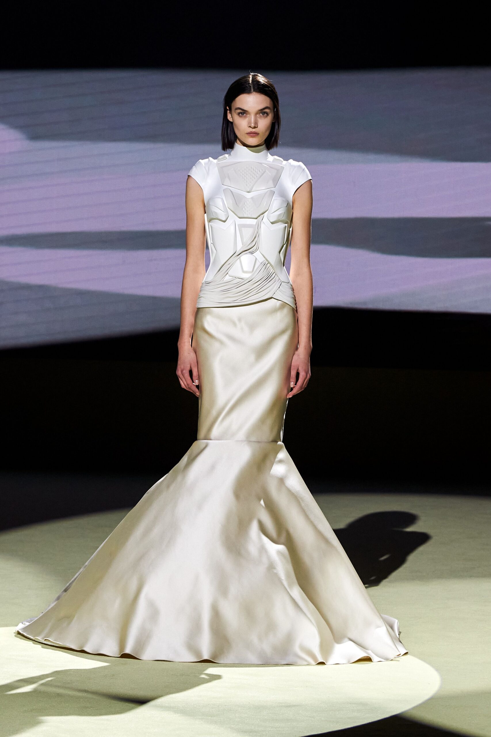 white silk fitted gown