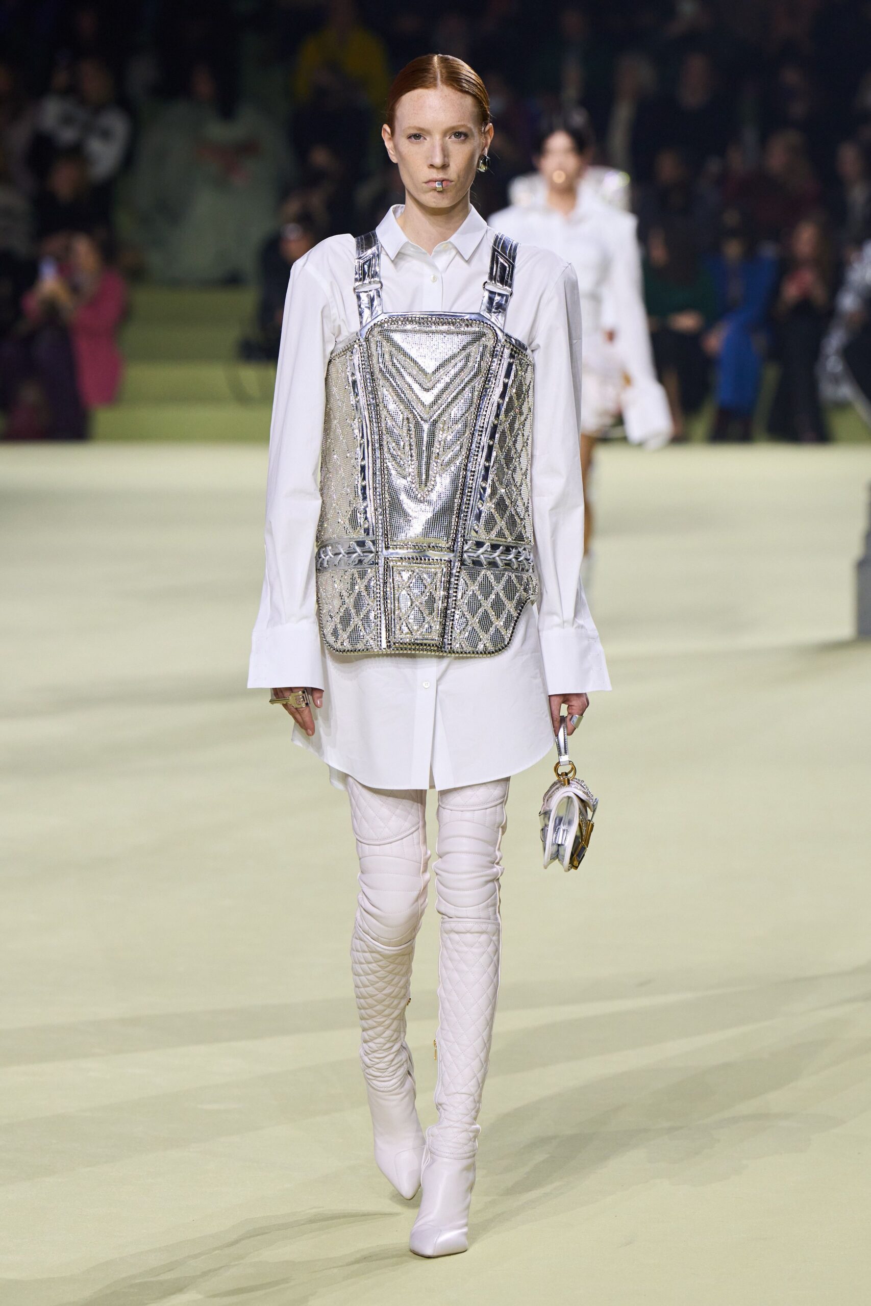 gray metallic fitted embroidered shiny top