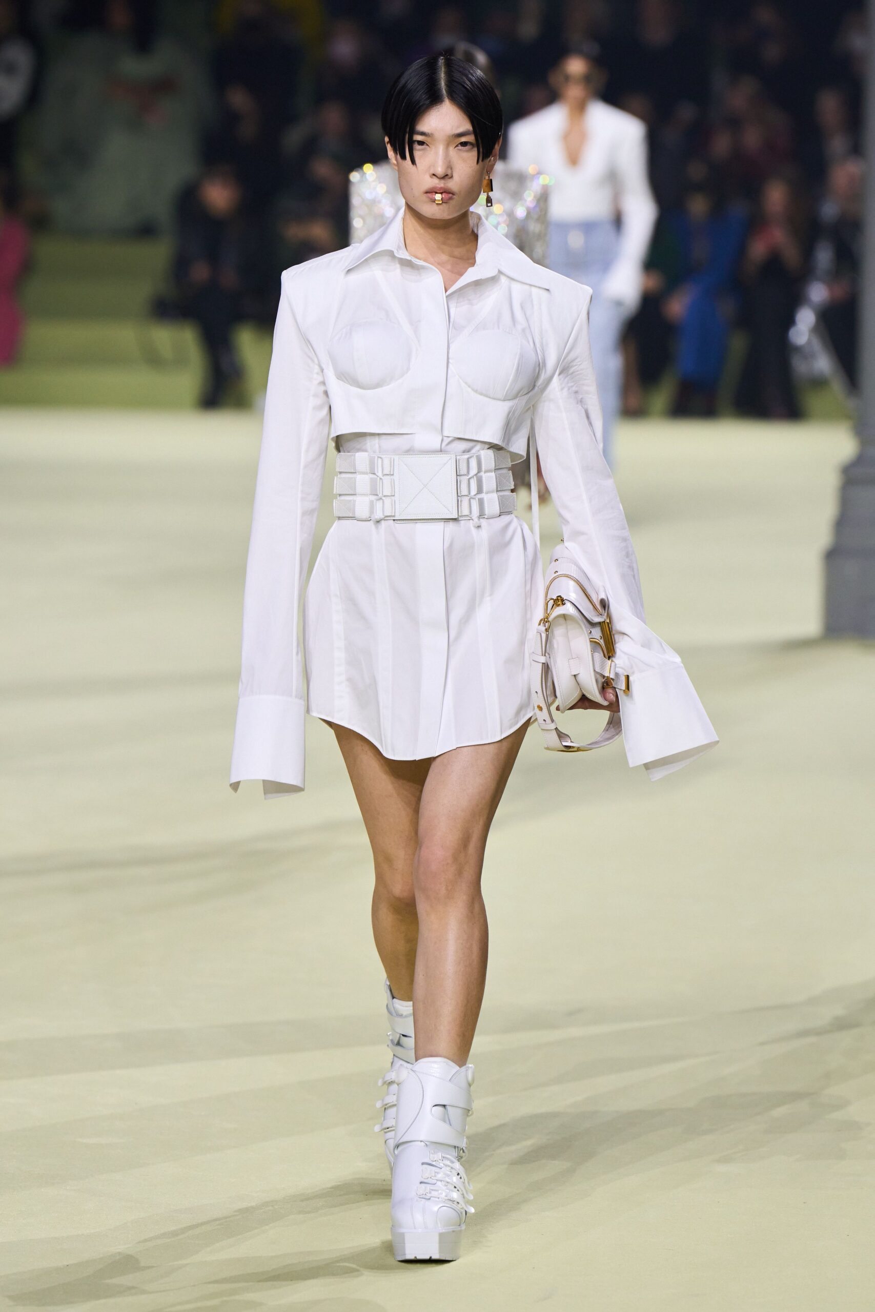 white cotton long-sleeve collared fitted zippered belted dress