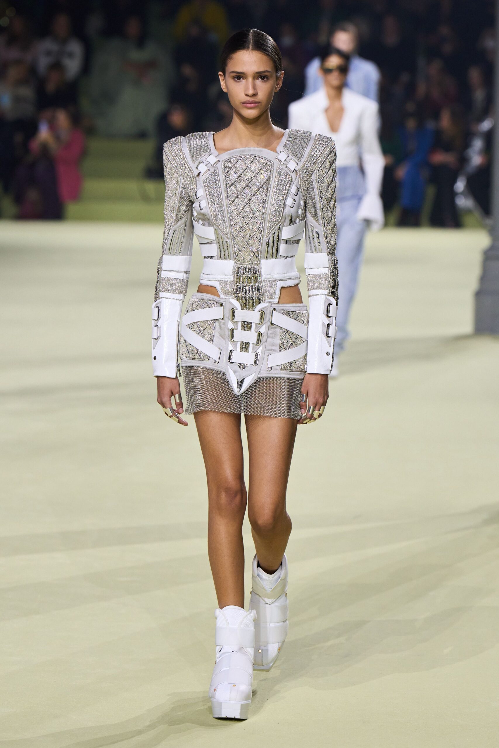 white mesh long-sleeve high-neck fitted embellished sheer dress