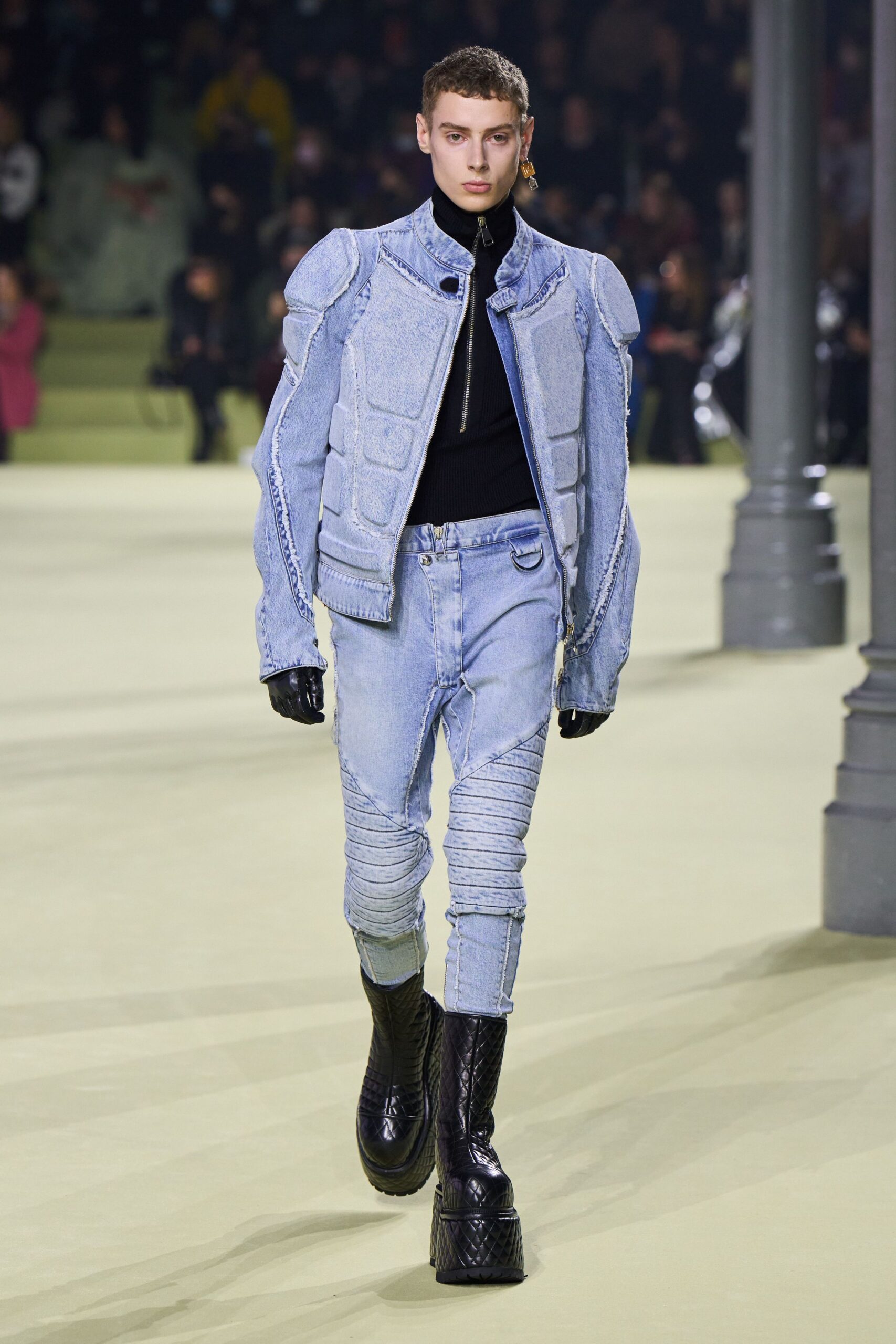 blue denim long-sleeve collared structured zippered padded jacket