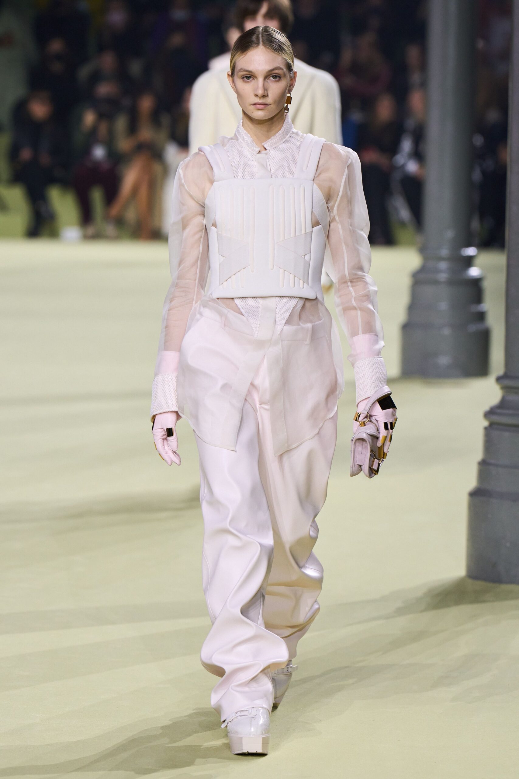 white silk fitted top and relaxed pants