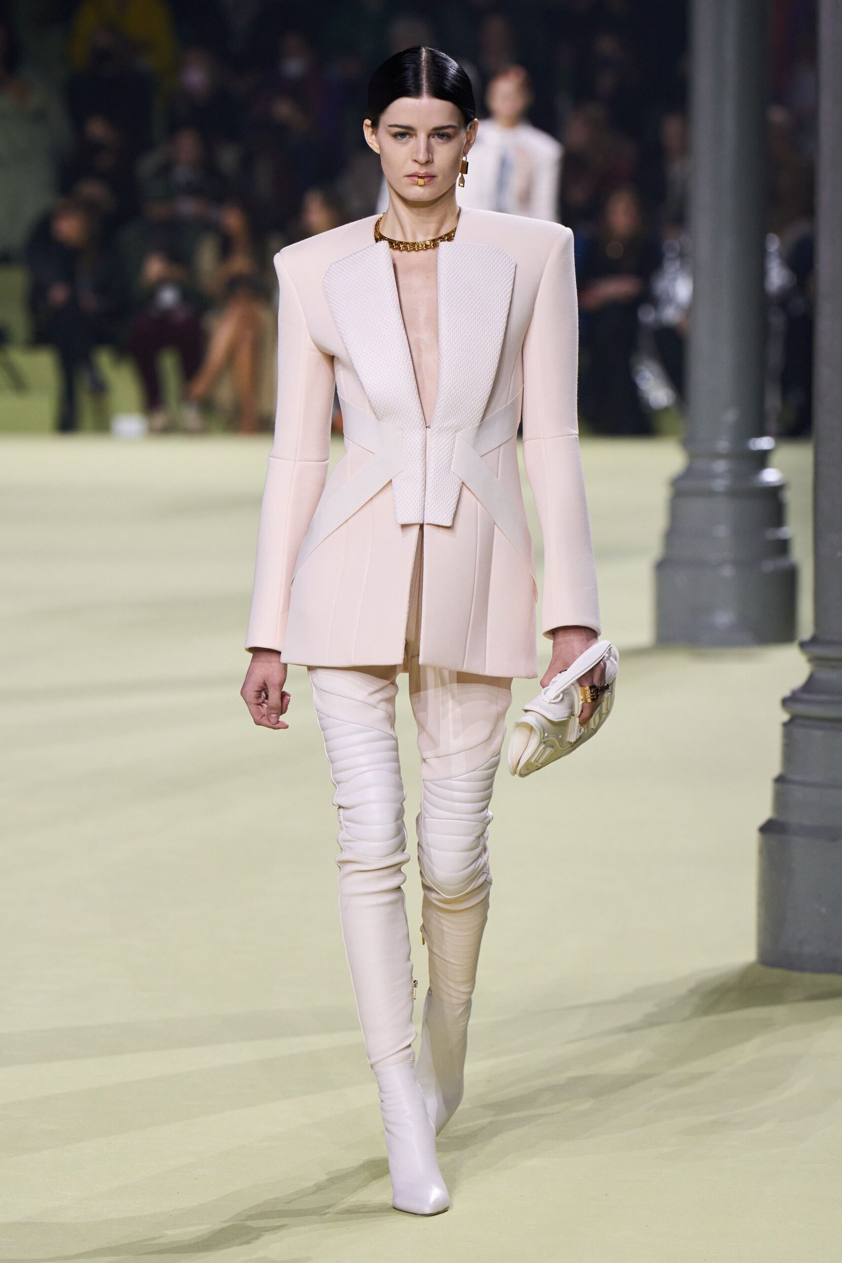 white silk long-sleeve v-neck structured pleated blazer