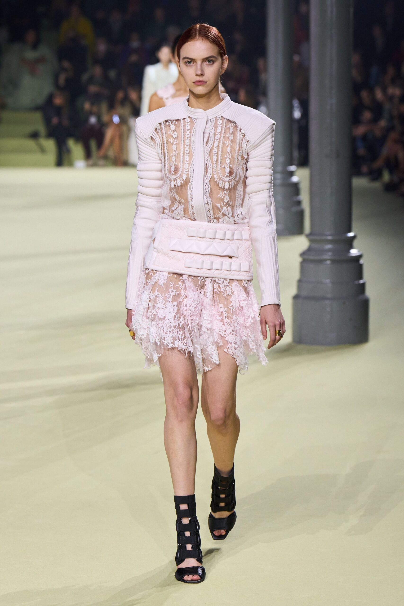 white lace long-sleeve collared fitted pleated embroidered dress