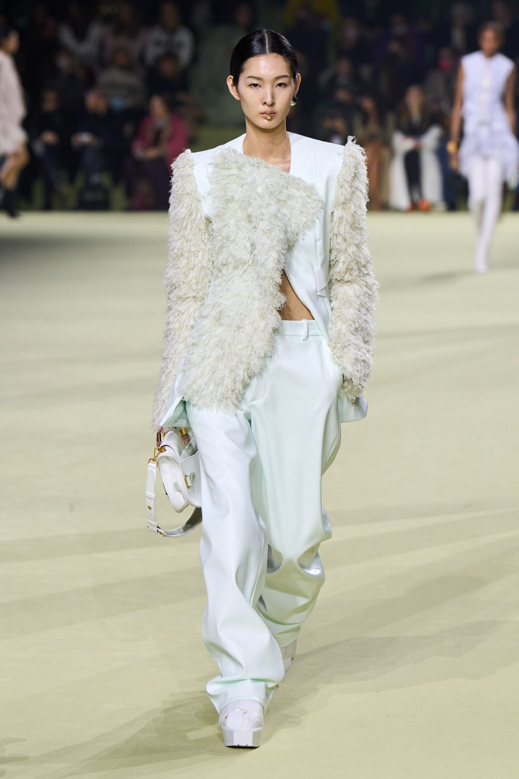 white faux-fur long-sleeve asymmetric relaxed draped jacket