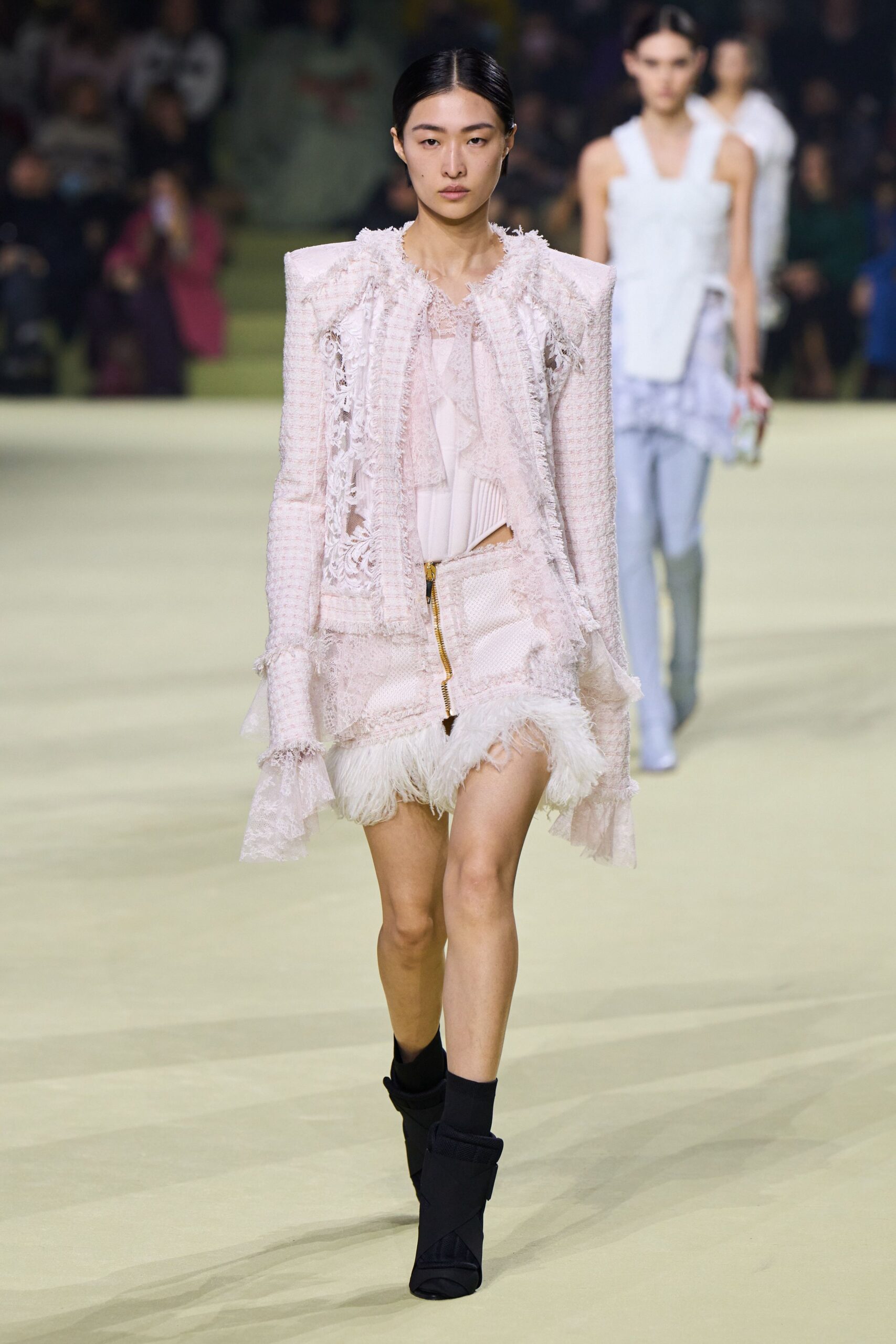 pink cotton long-sleeve collared fitted ruffled fringed jacket