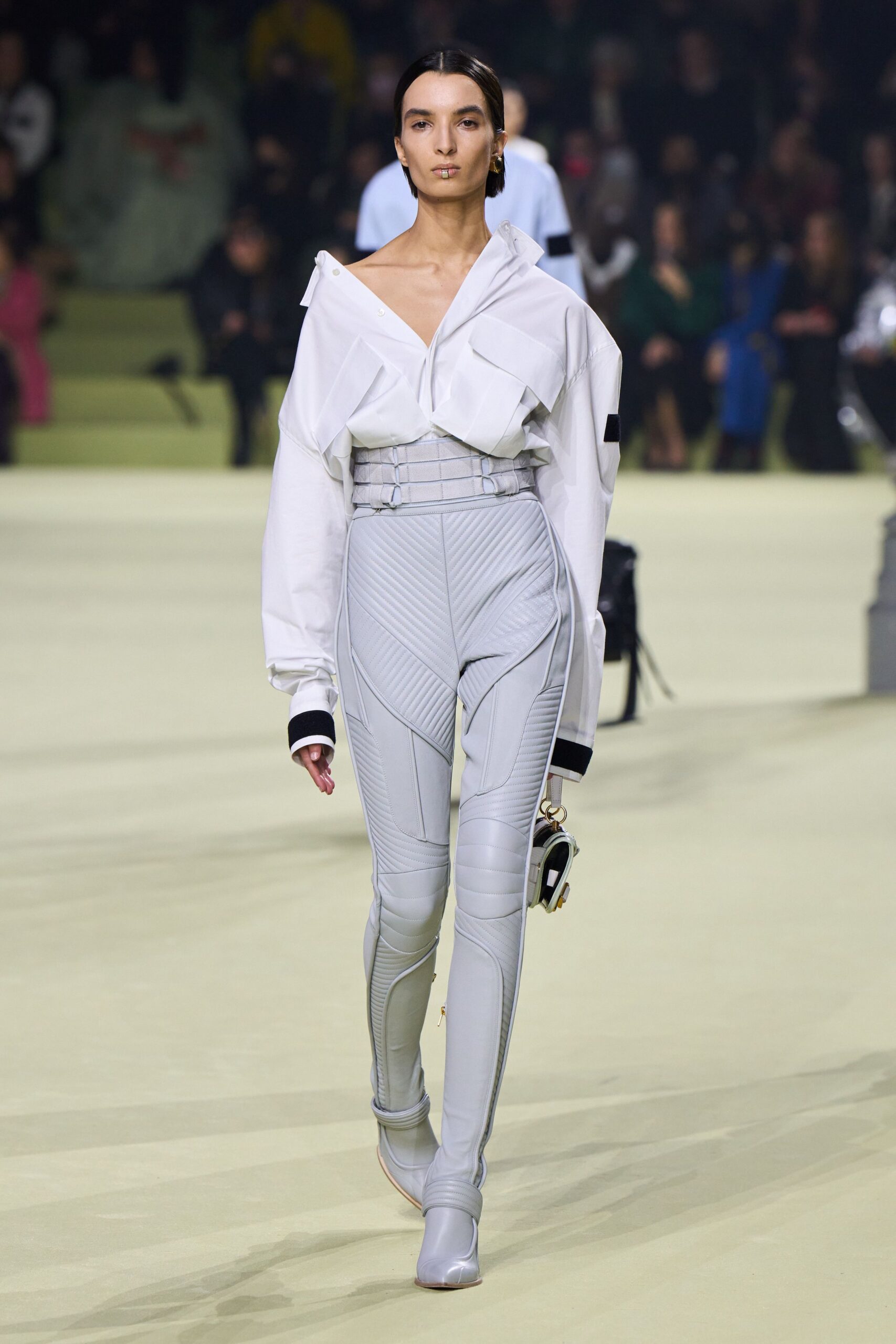 gray neoprene fitted zippered pants