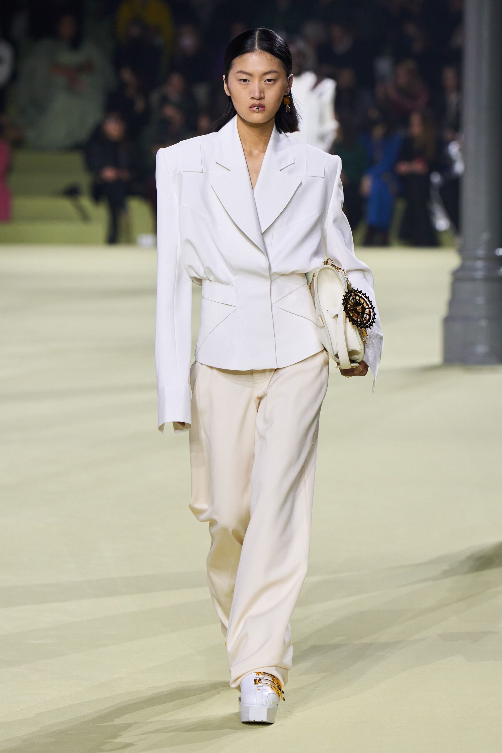 white cotton long-sleeve collared structured buttoned blazer