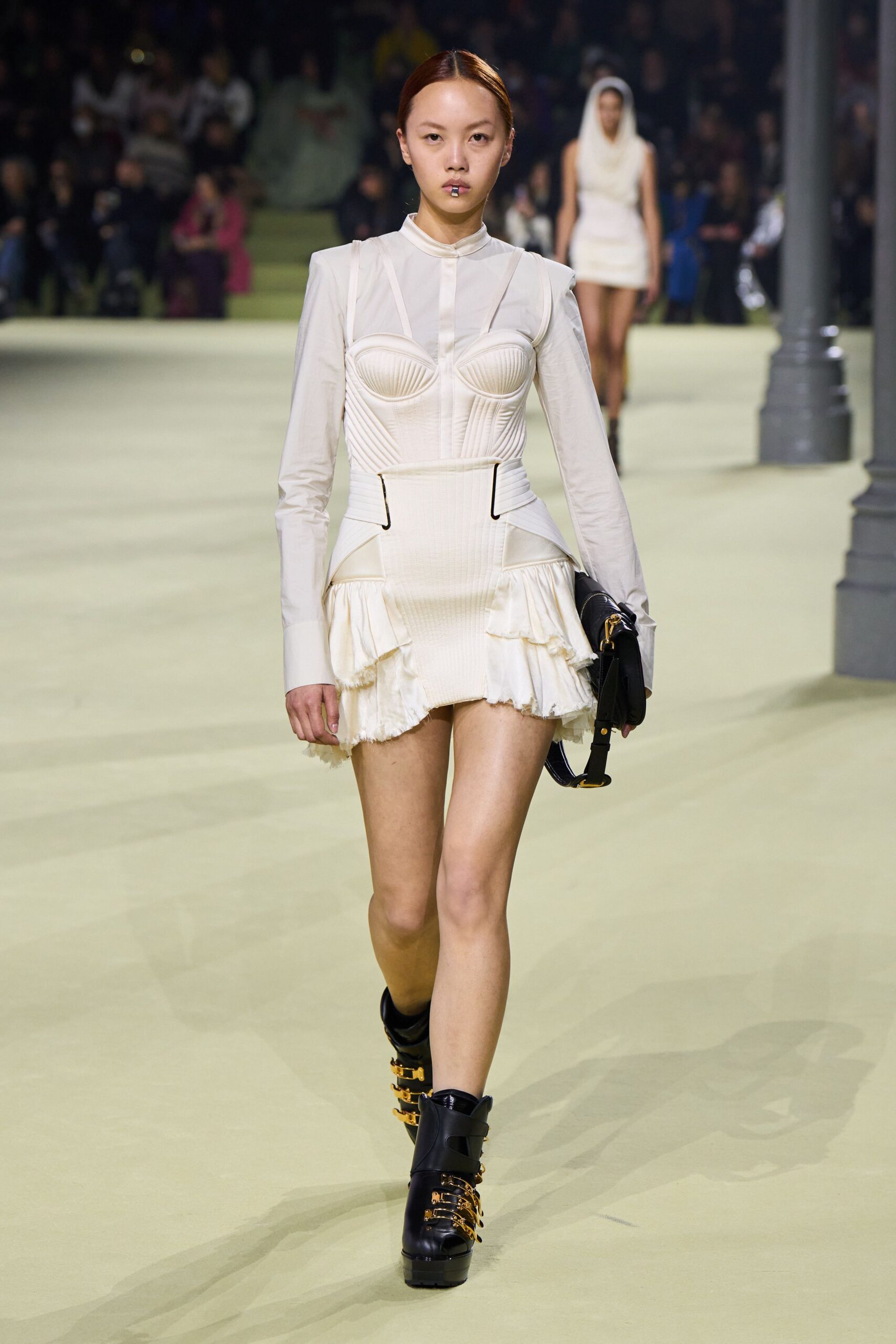 white cotton long-sleeve collared fitted pleated ruffled dress