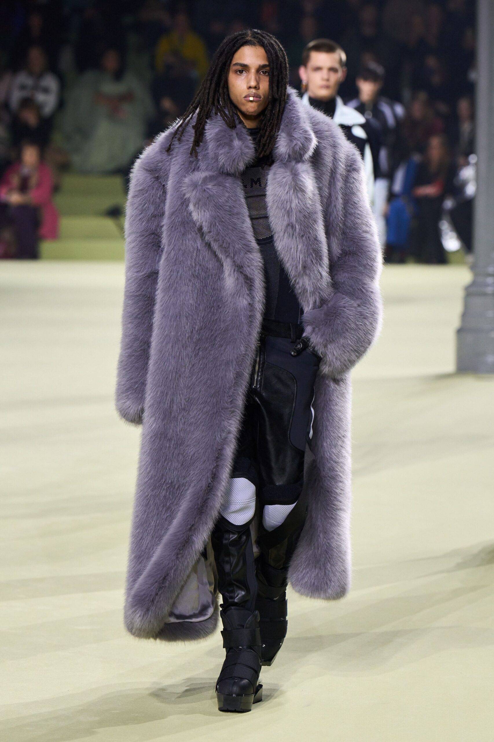 gray faux-fur coat with black top