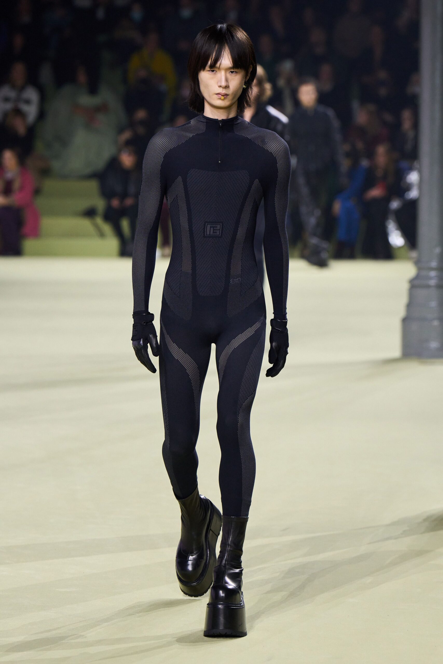 black neoprene long-sleeve high-neck fitted zippered textured catsuit