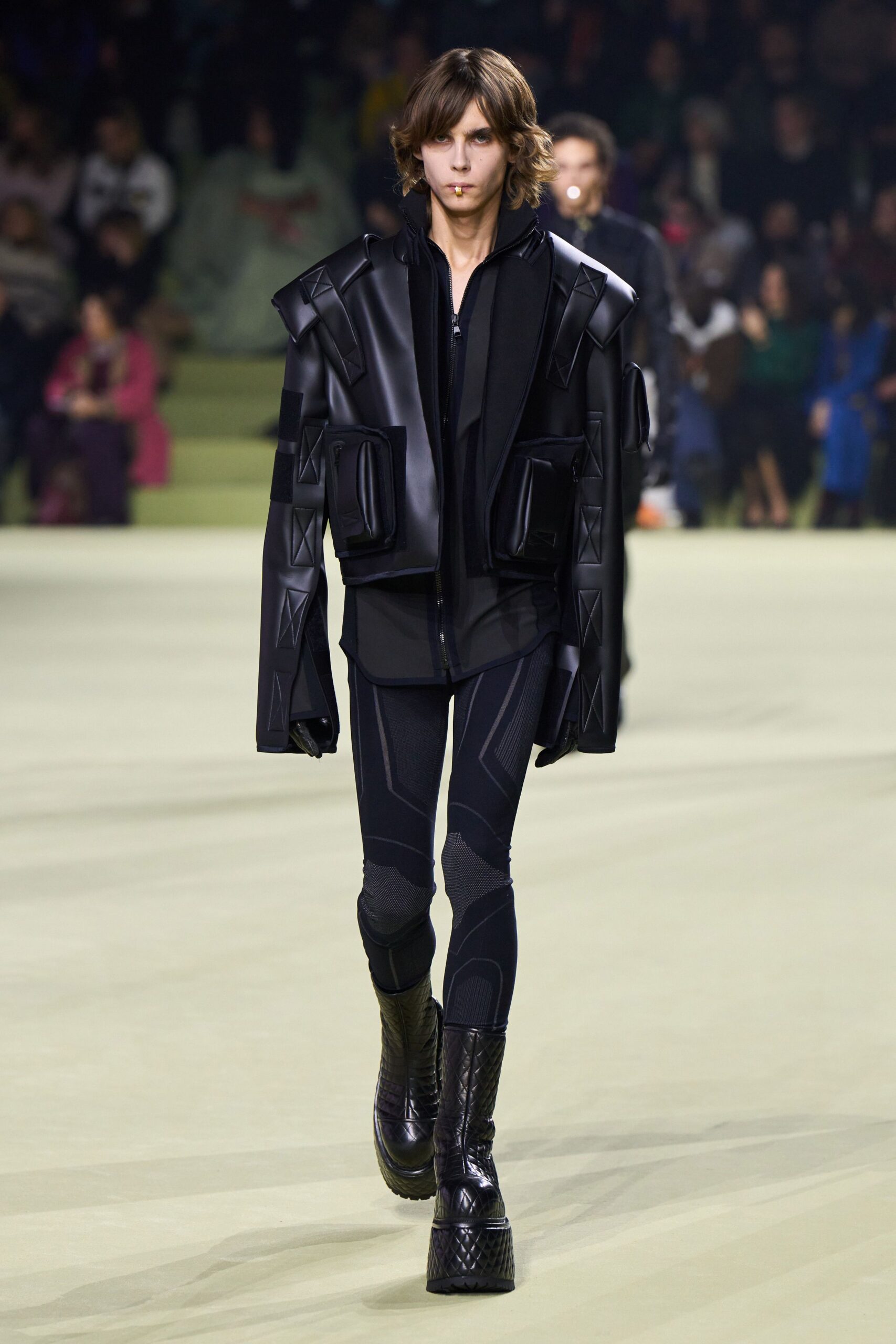 black vinyl long-sleeve collared fitted padded jacket