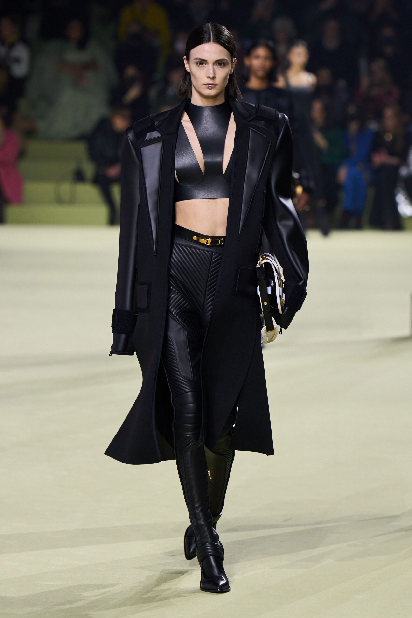 black leather long-sleeve collared oversized zippered coat