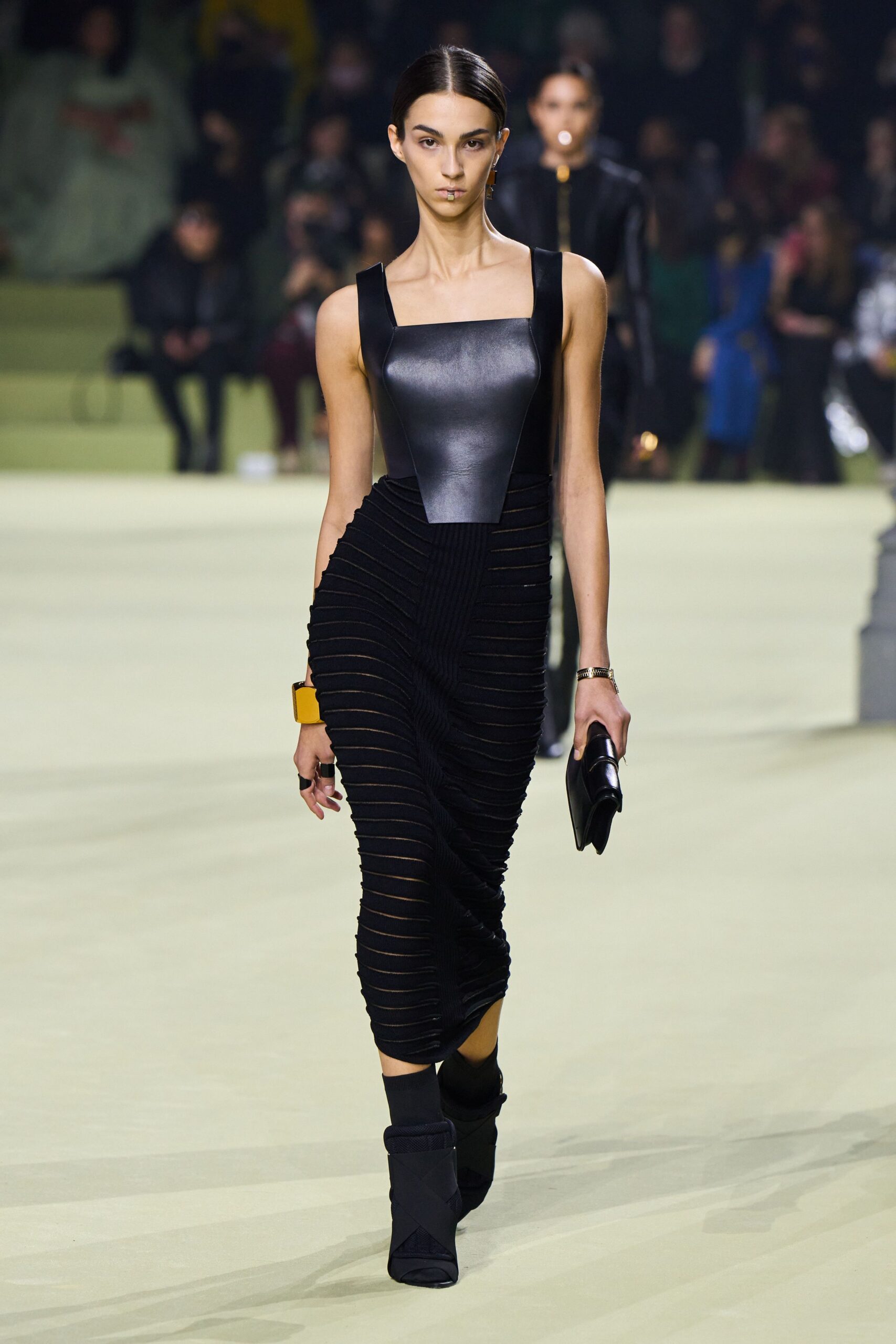 black leather sleeveless v-neck fitted ruched midi dress