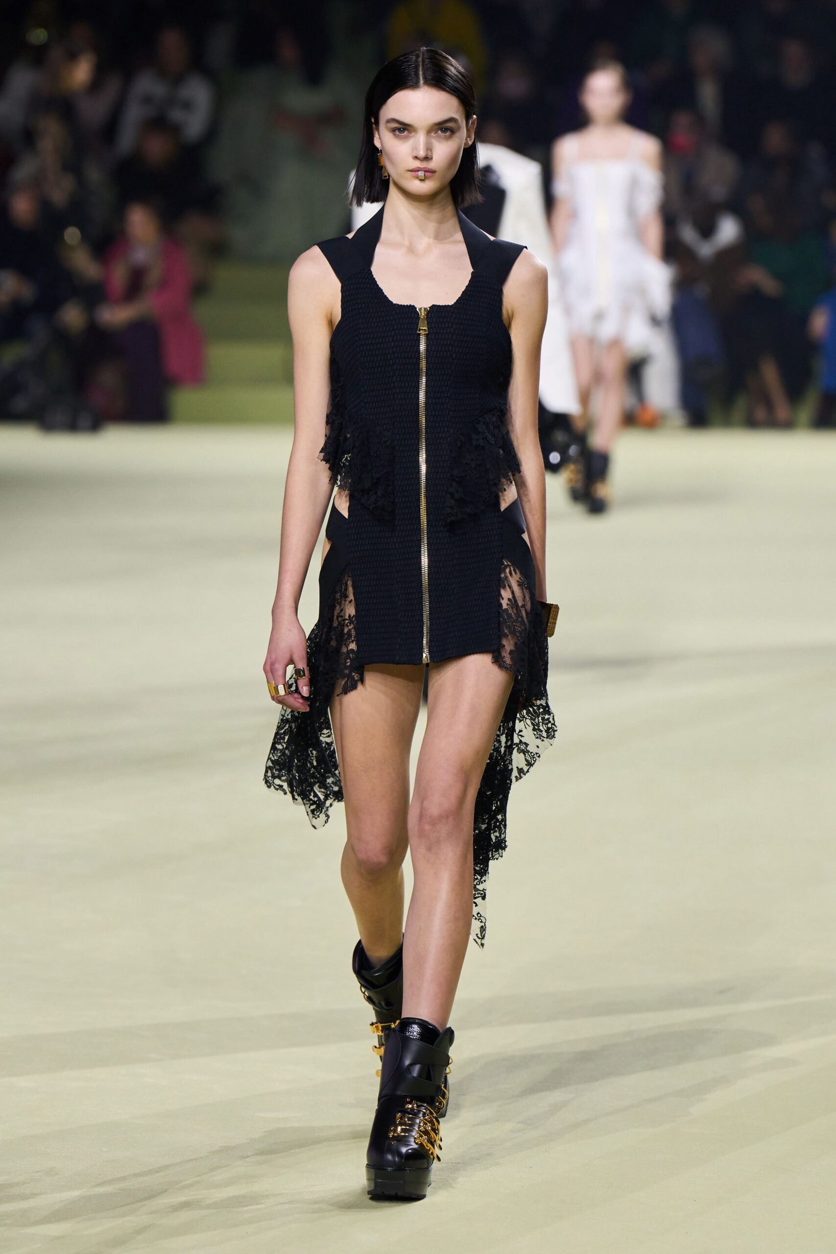 black cotton sleeveless v-neck fitted fringed zippered dress