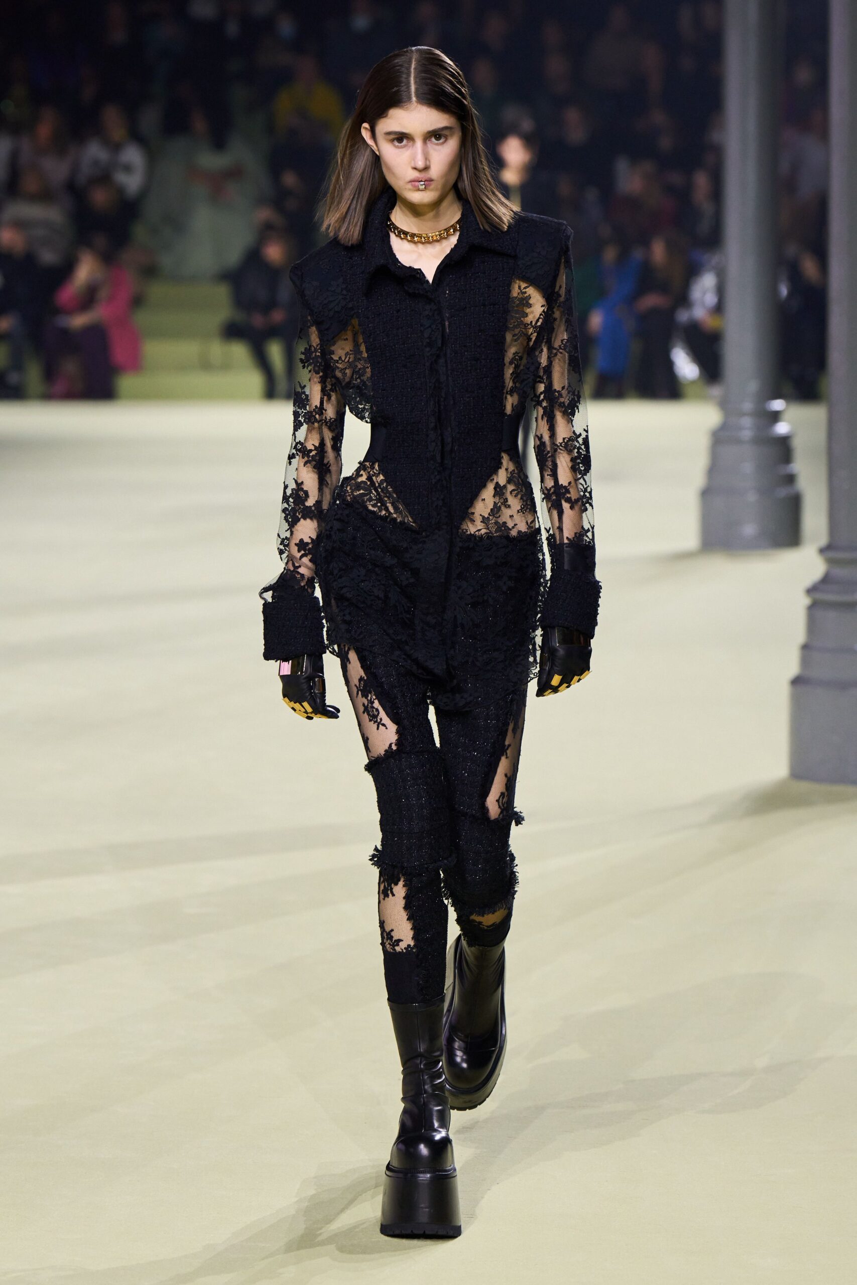 black lace long-sleeve collared fitted embroidered sheer dress