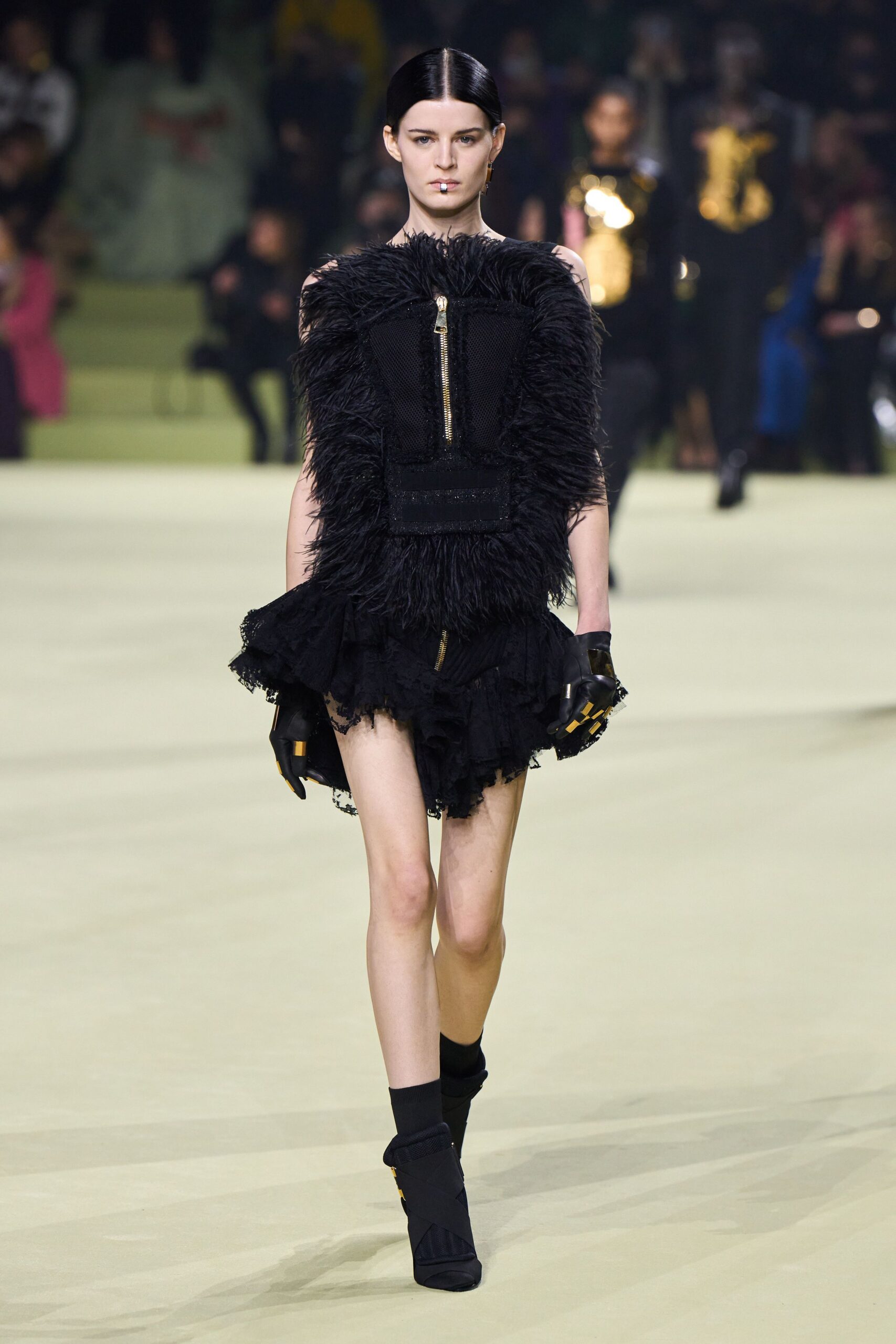 black fur sleeveless v-neck fitted ruffled zippered dress