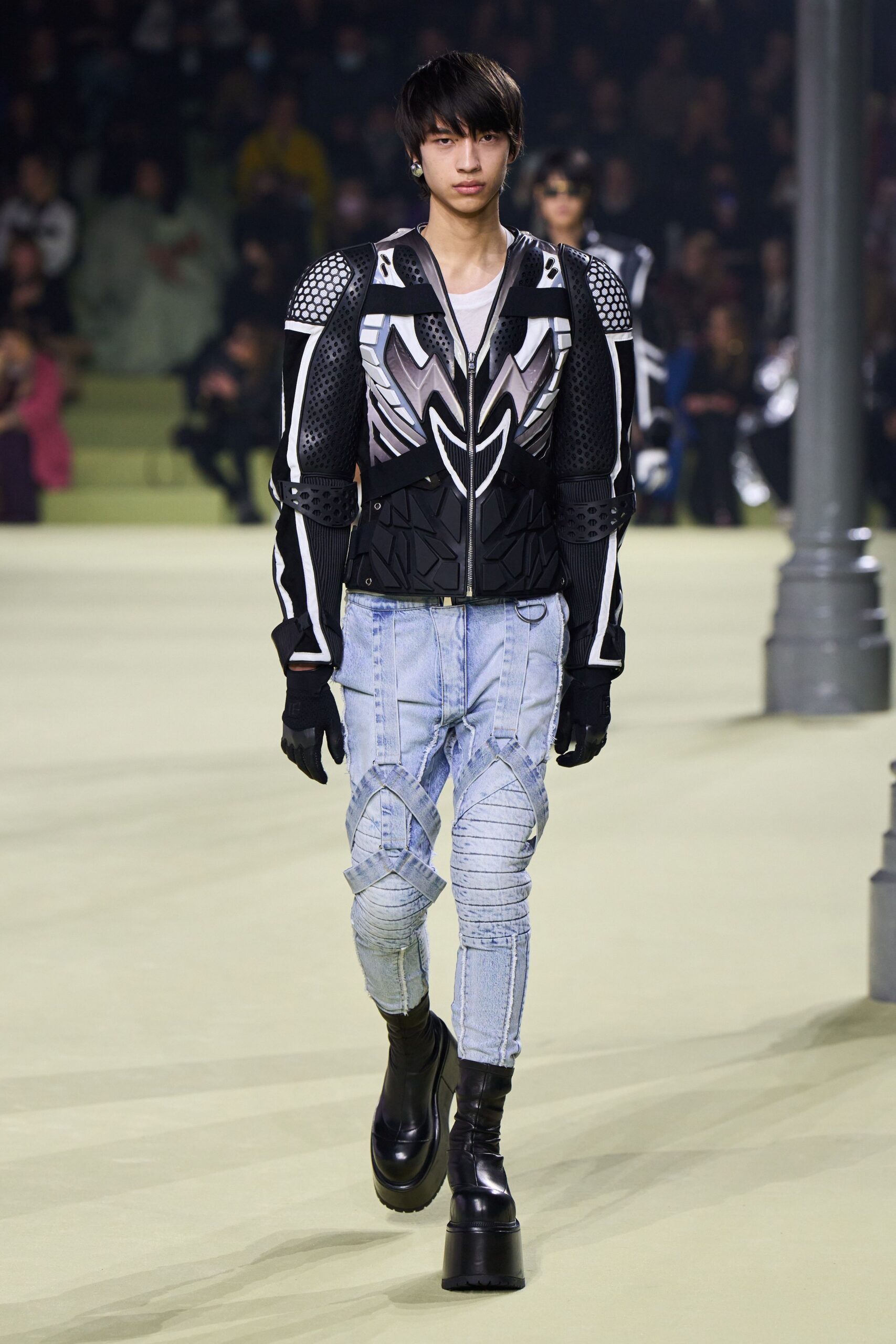 black and white leather jacket with denim pants