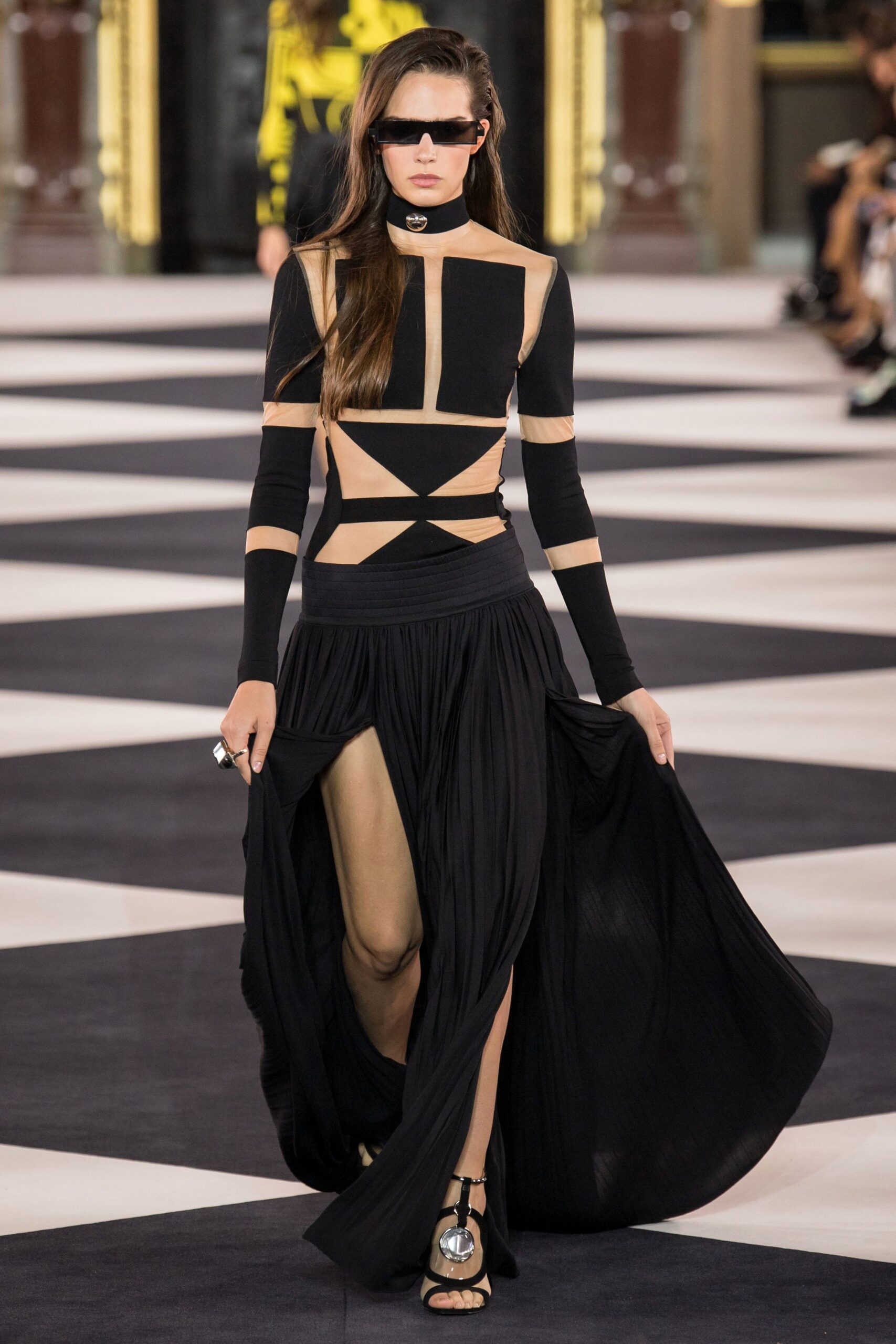 black silk slit relaxed high-waisted pleated flowing skirt
