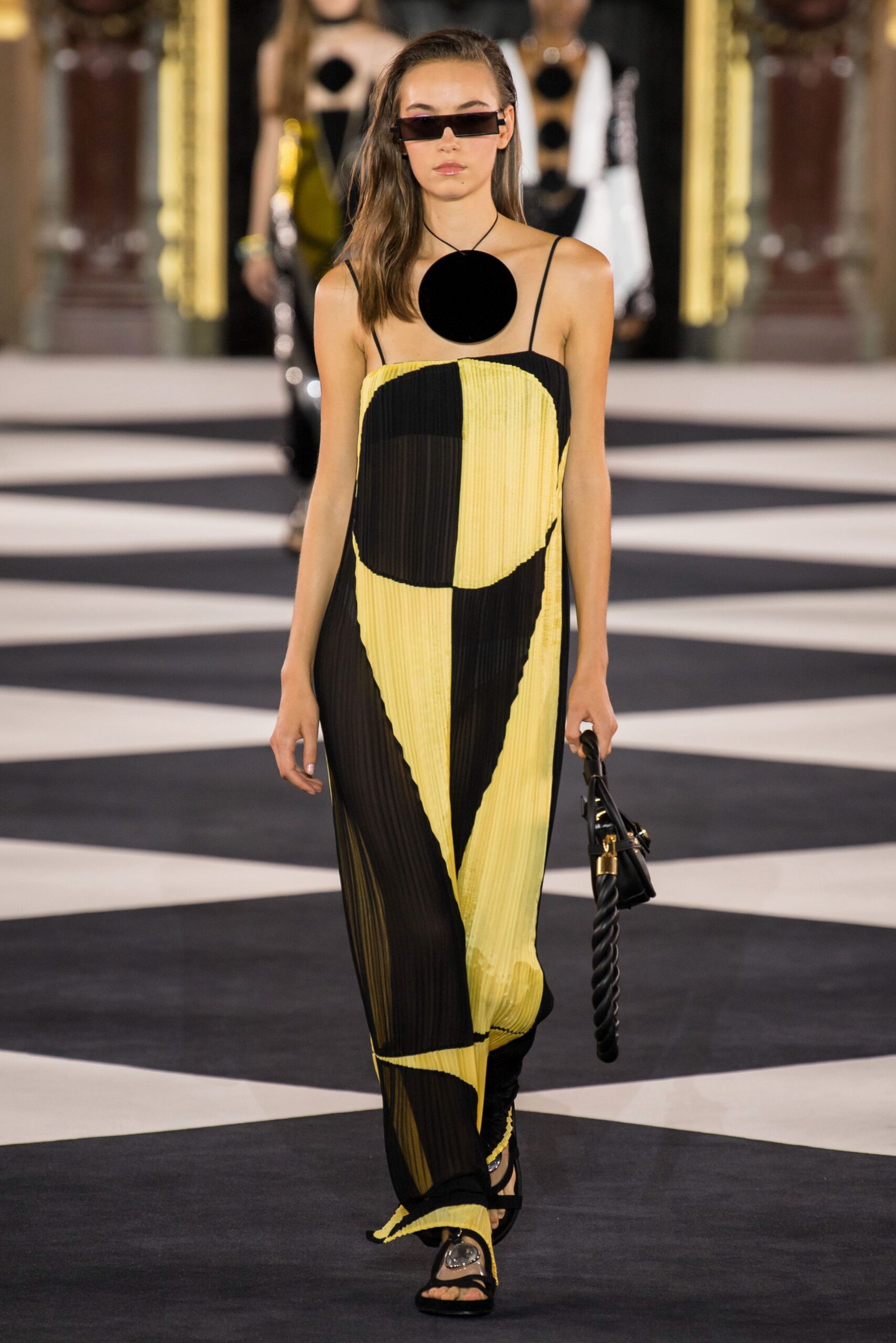 black and yellow pleated maxi dress