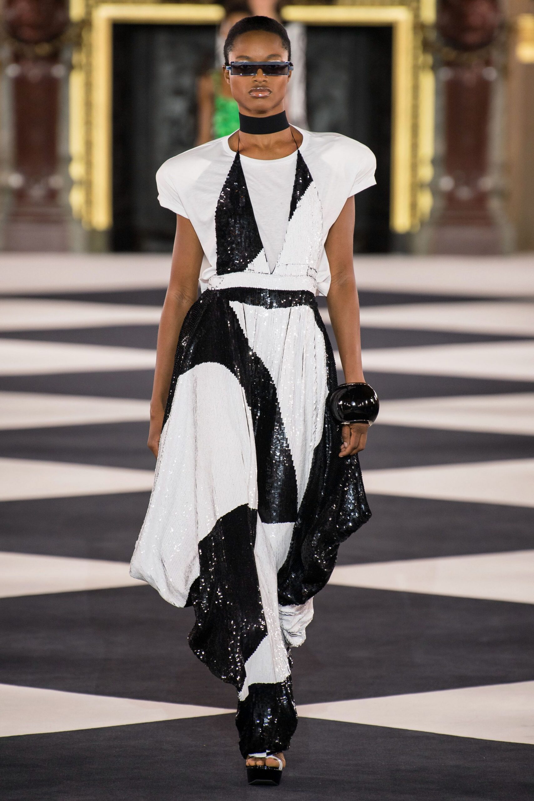 black sequin sleeveless v-neck fitted draped color-blocked dress