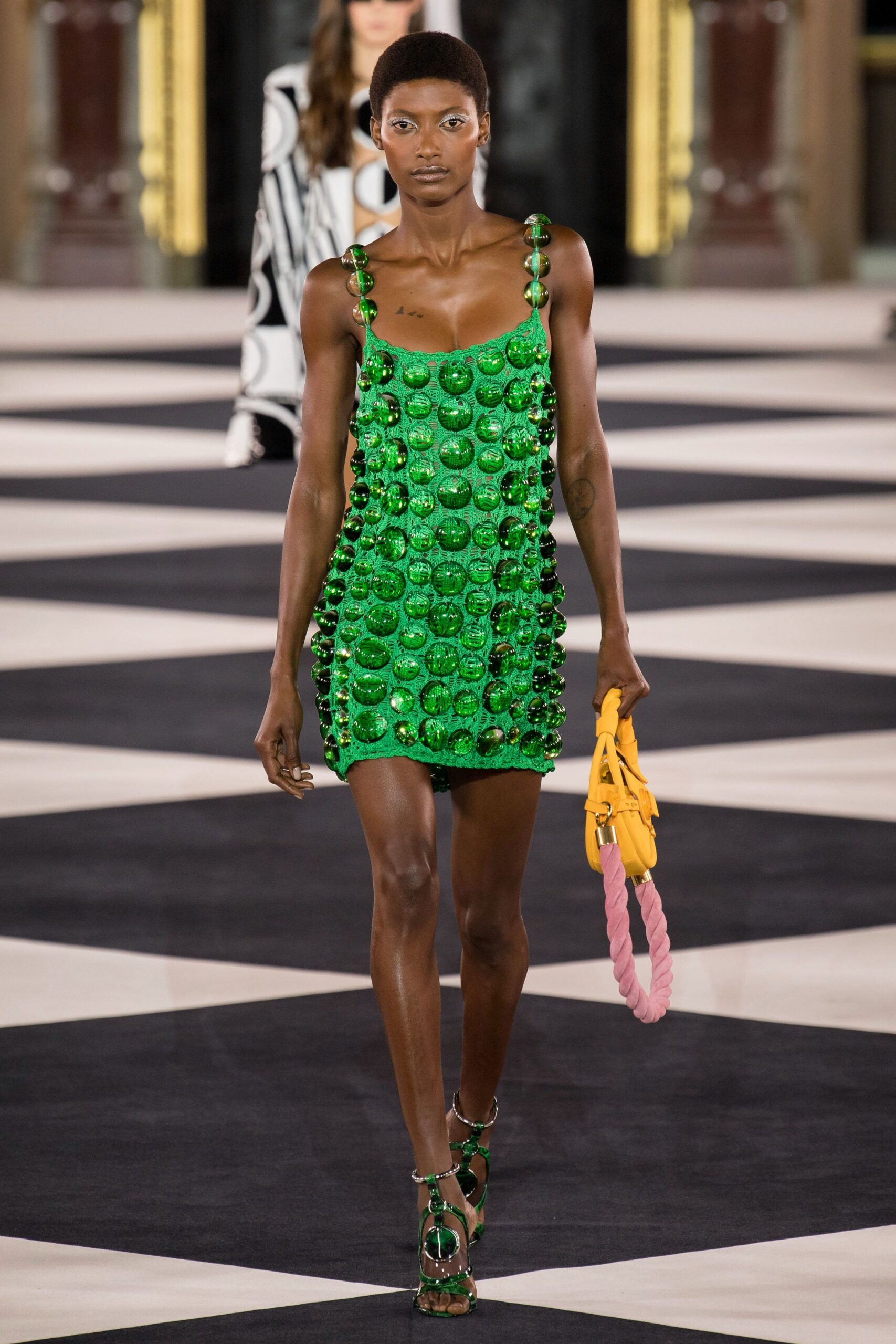 green silk sleeveless v-neck fitted beaded shiny mini-dress
