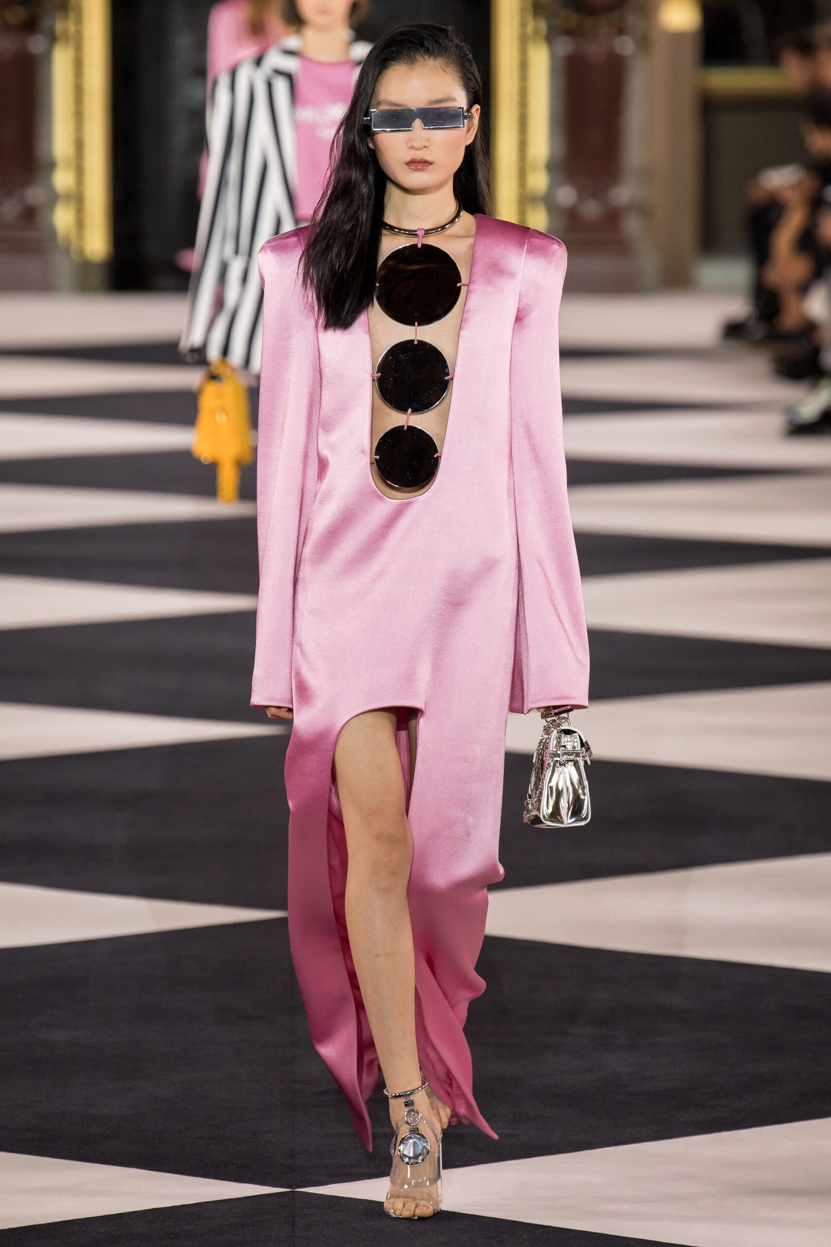 pink silk long-sleeve v-neck fitted draped shiny dress
