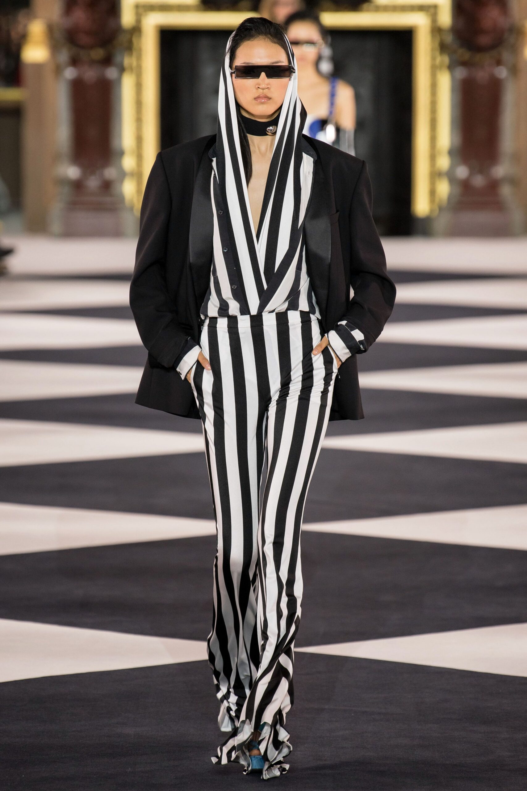 black cotton long-sleeve v-neck fitted striped jumpsuit