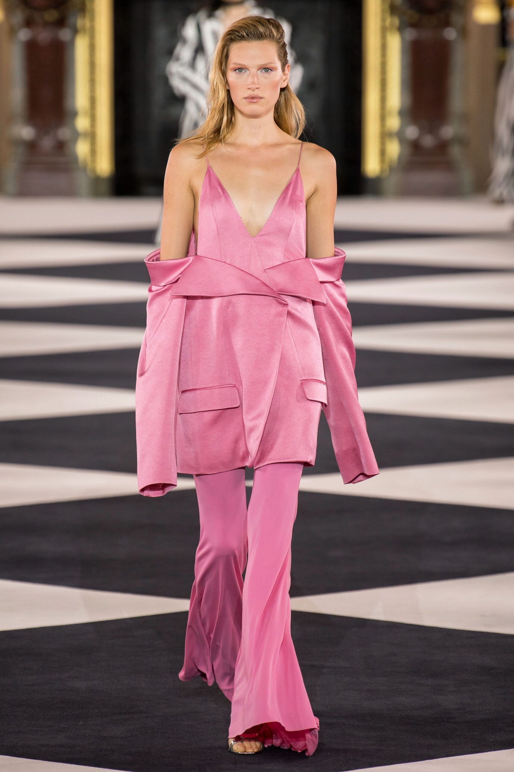pink satin long-sleeve v-neck relaxed buttoned jacket