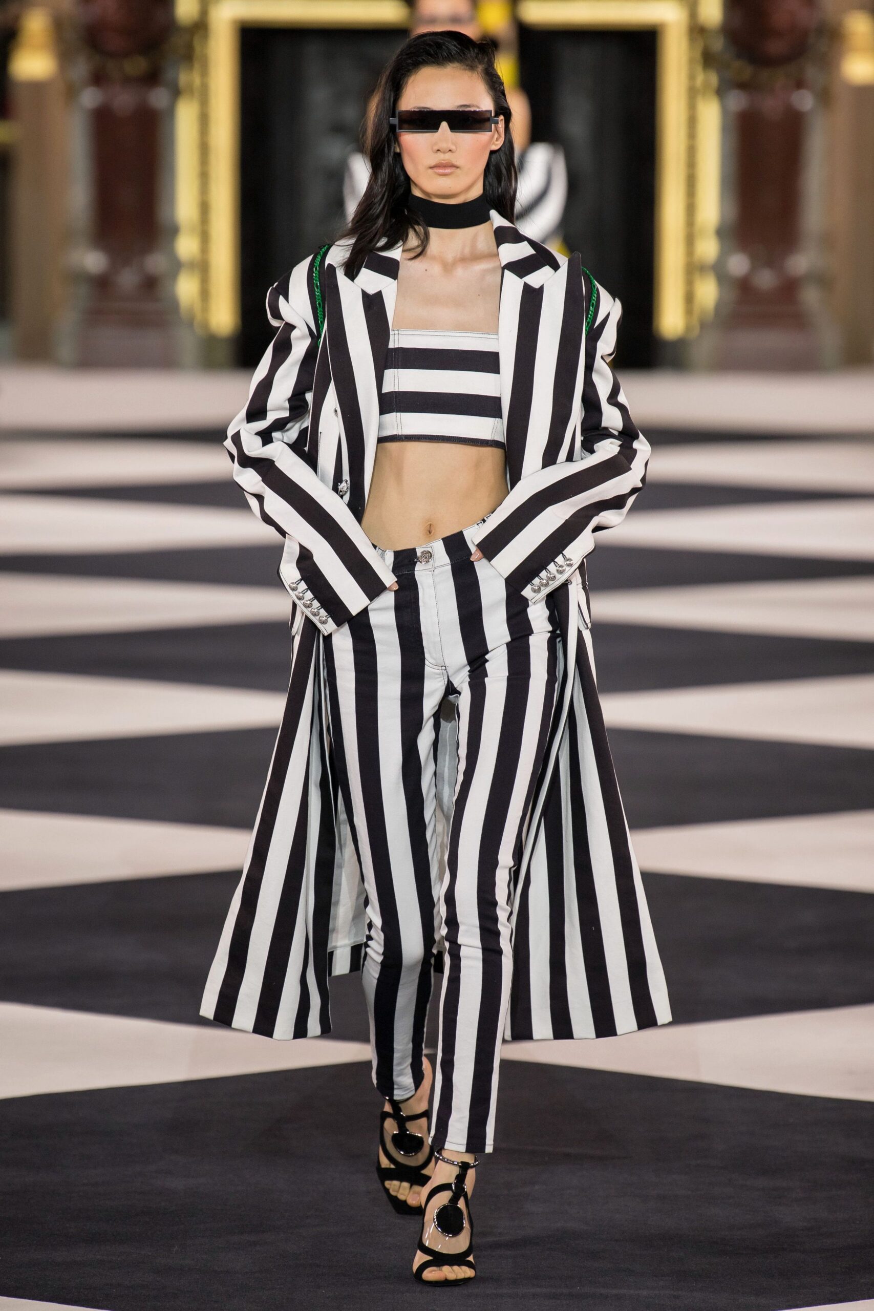 striped coat and top outfit