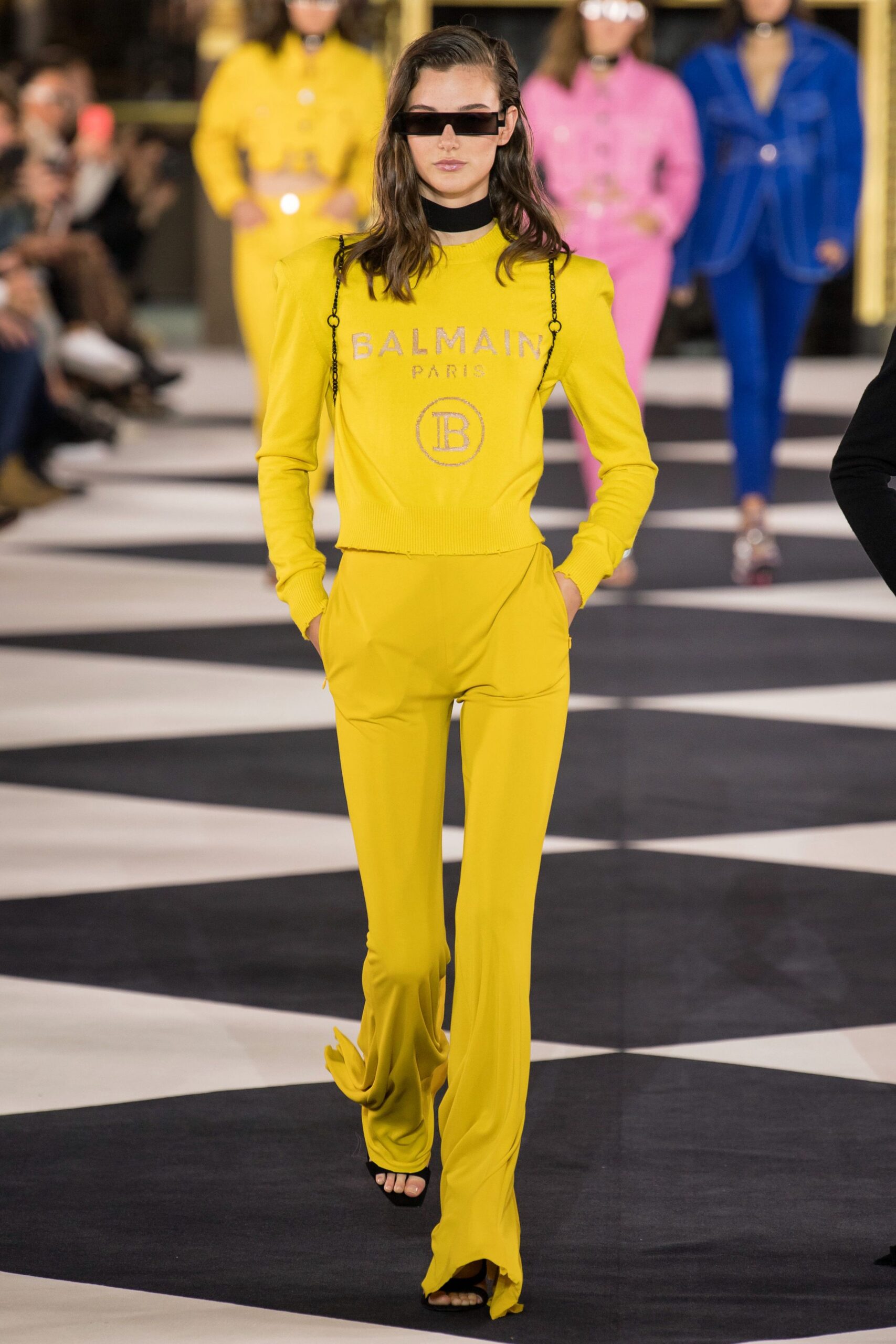 yellow cotton long-sleeve high-neck fitted printed top