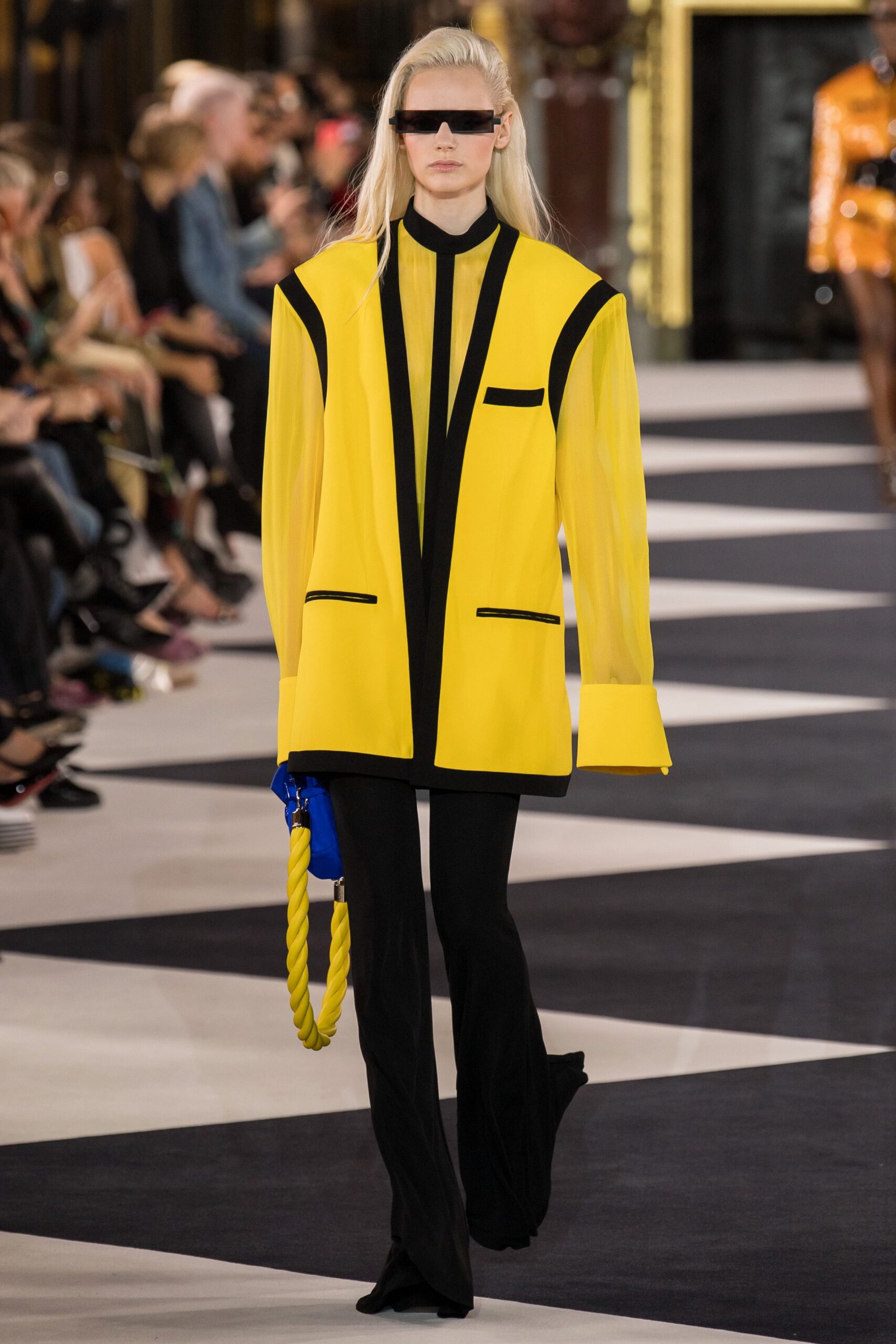 yellow silk long-sleeve collared oversized color-blocked blazer
