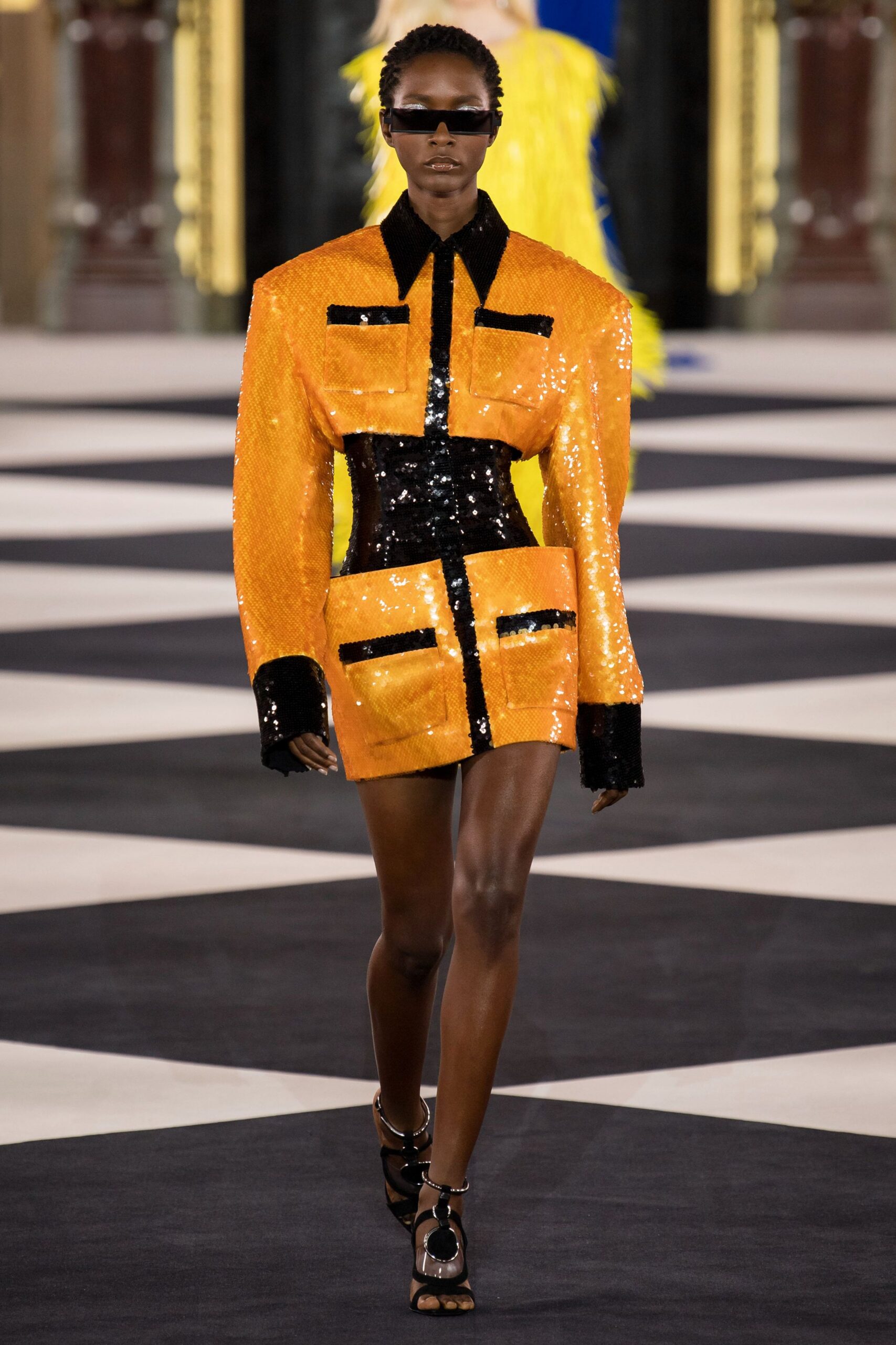 orange sequin long-sleeve collared fitted buttoned pockets blazer