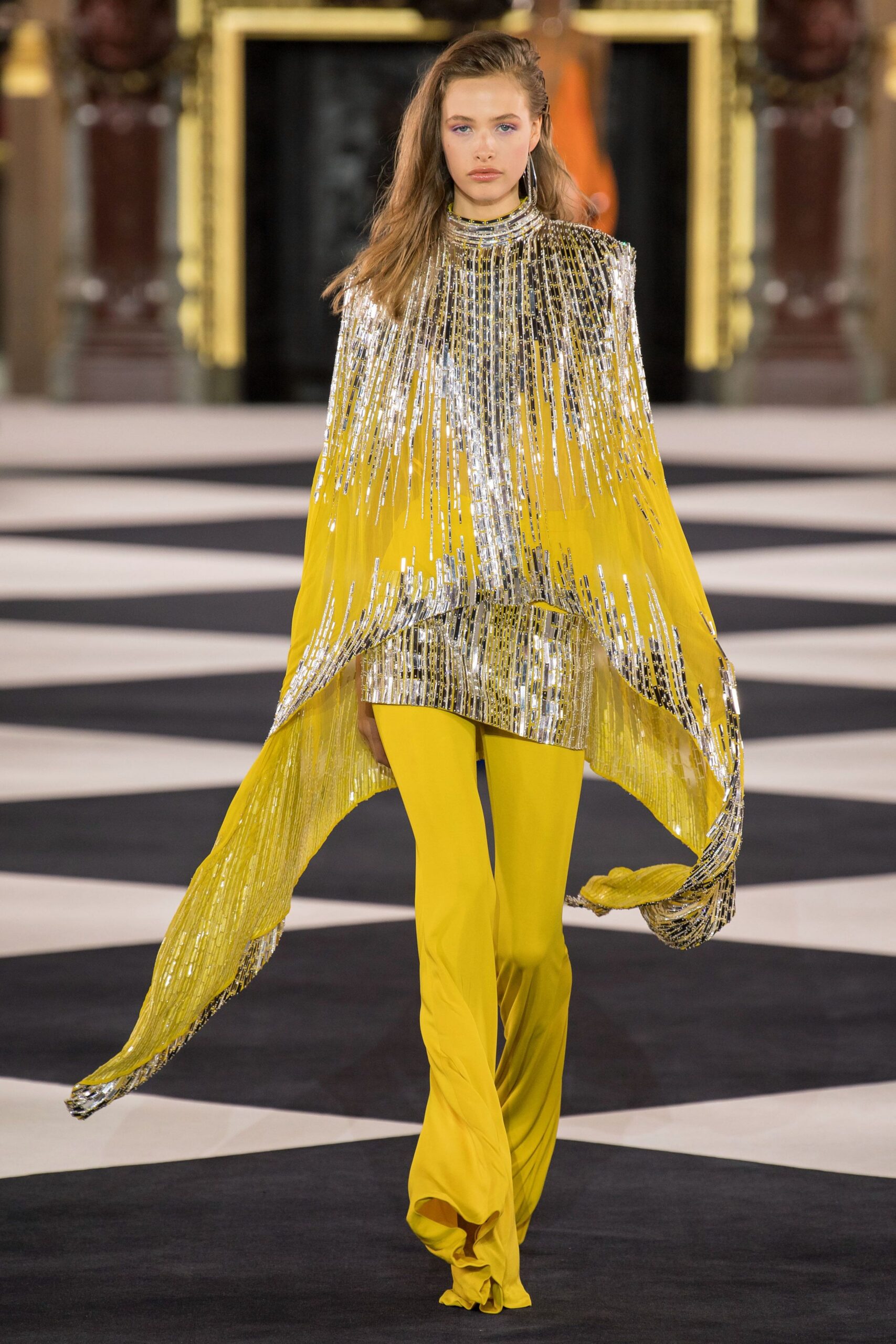 yellow silk long-sleeve high-neck relaxed sequined shiny top