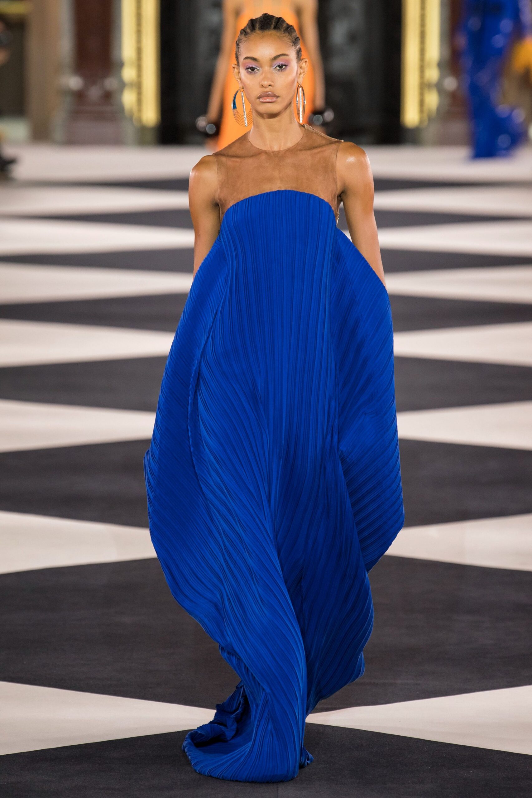 blue silk sleeveless gown