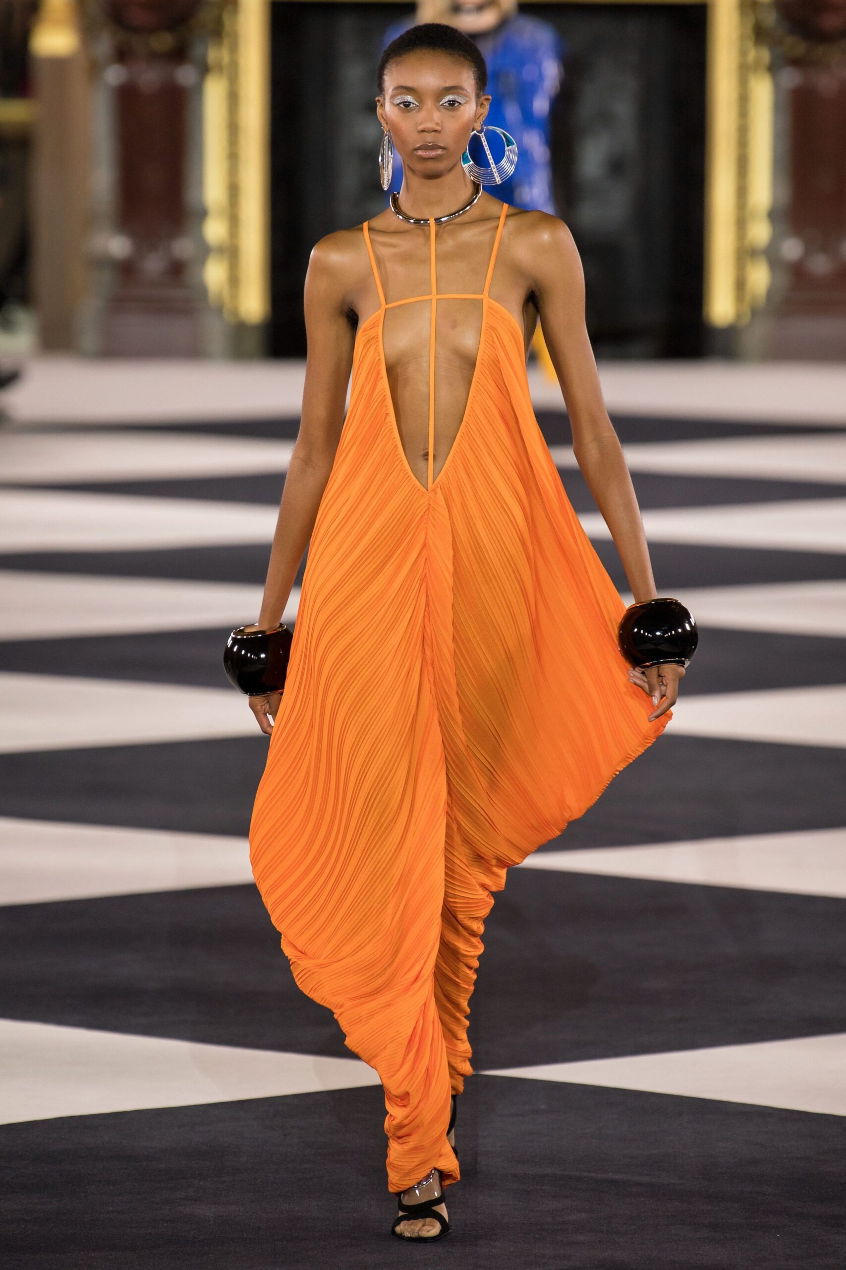 orange silk sleeveless v-neck relaxed pleated flowing dress