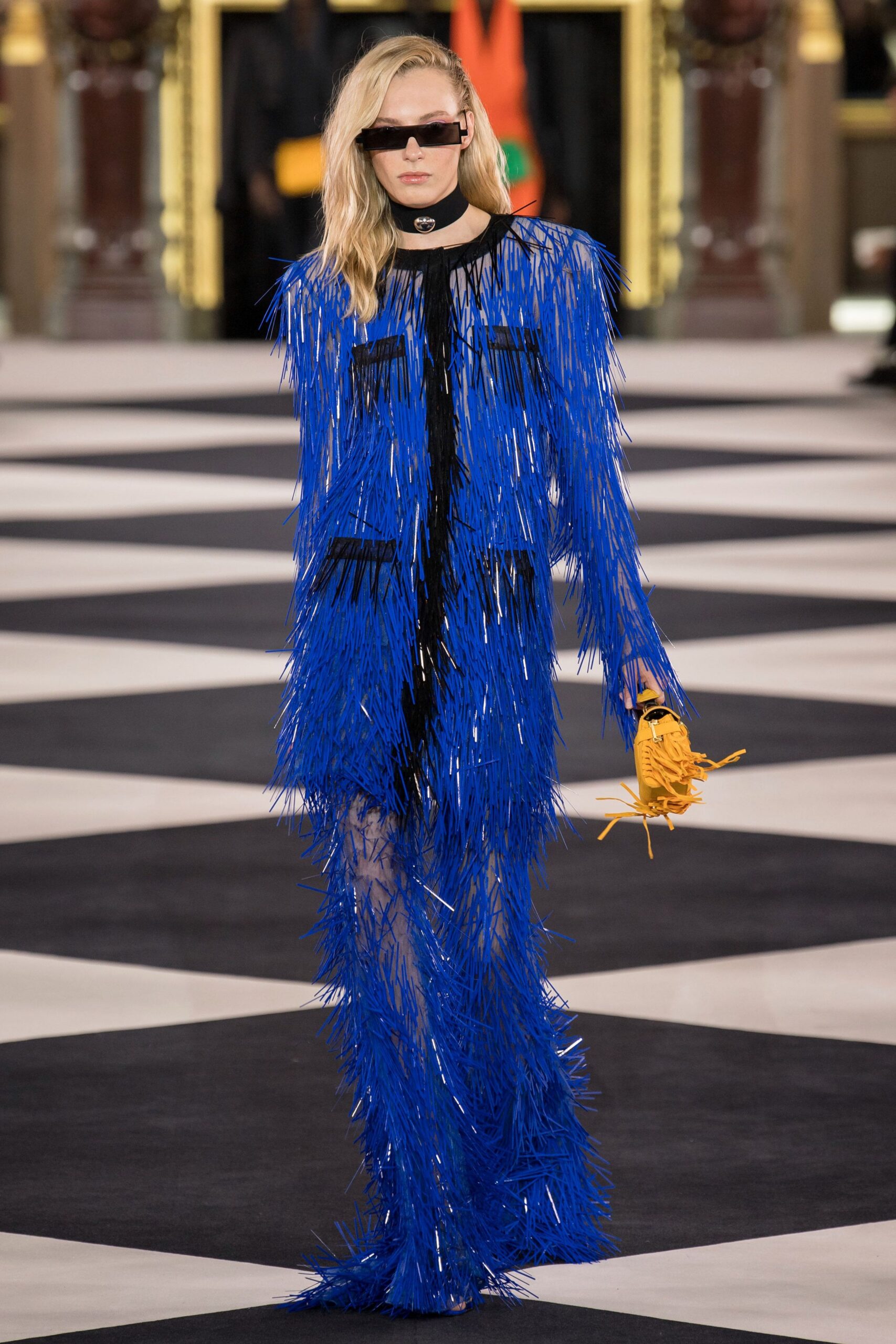 blue fringed maxi dress with accessories