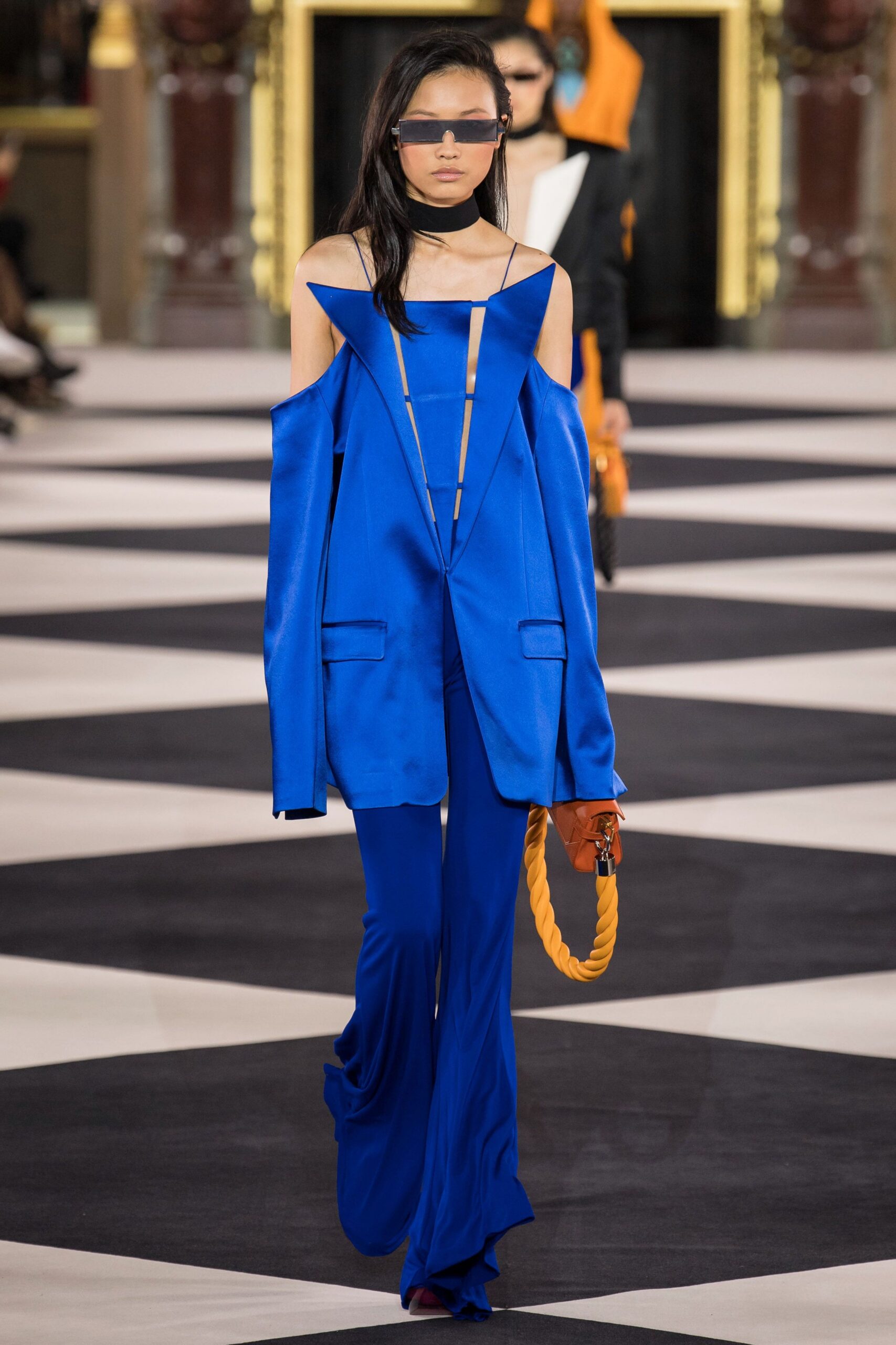 blue silk long-sleeve collared oversized buttoned jacket