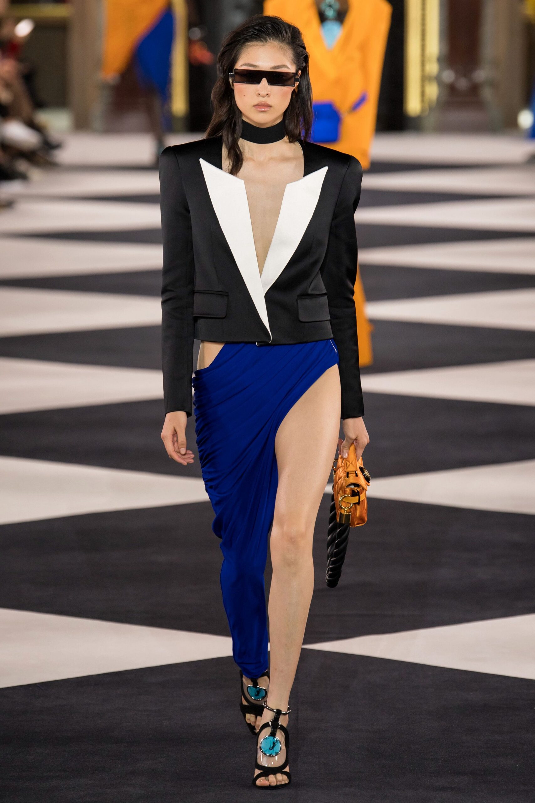 blue slit fitted high-waisted draped skirt