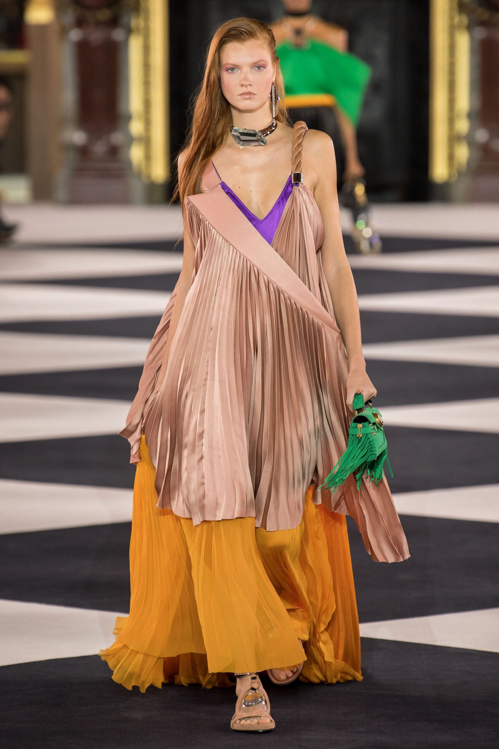 pink silk sleeveless v-neck relaxed pleated layered dress