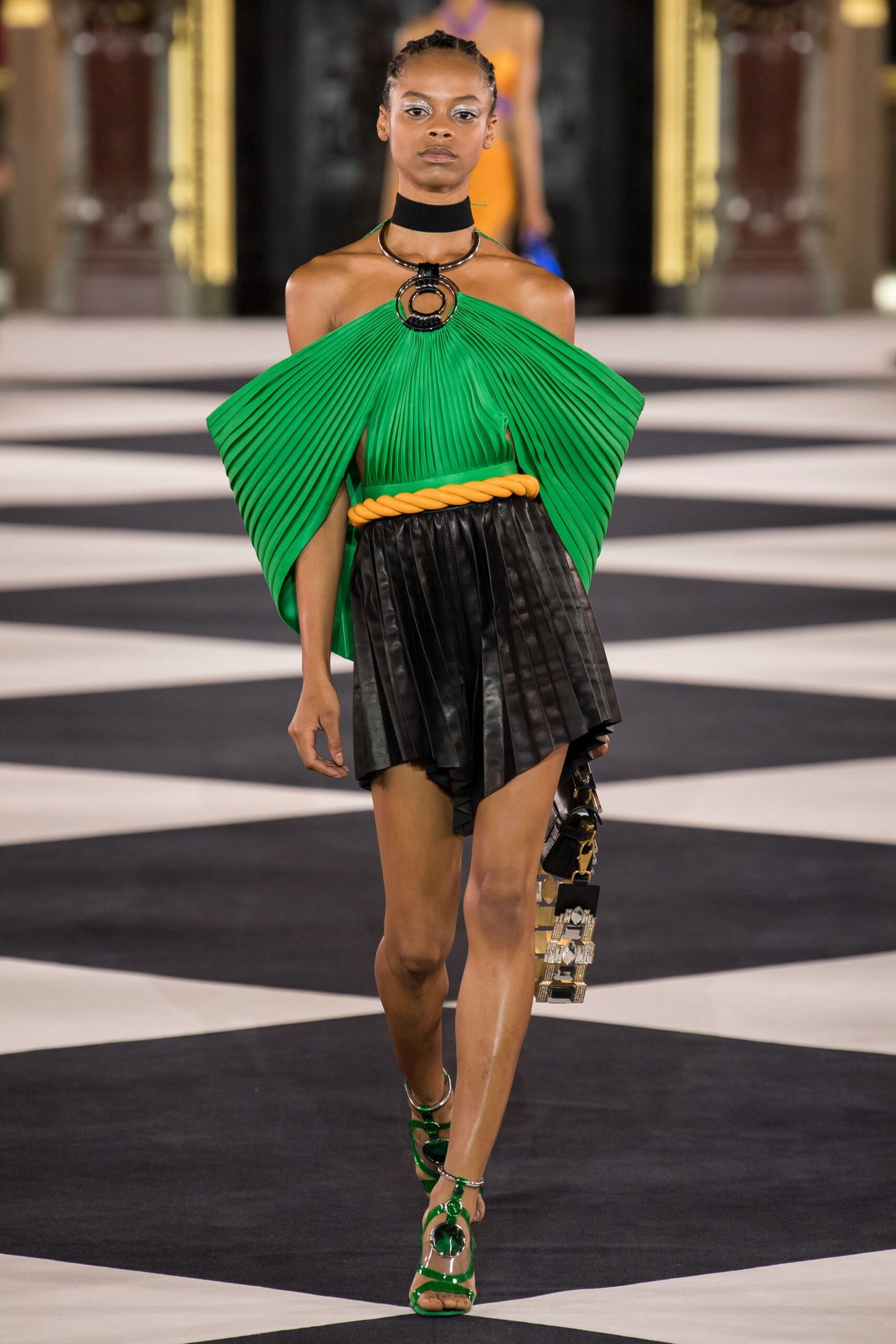 green silk sleeveless off-shoulder fitted pleated top
