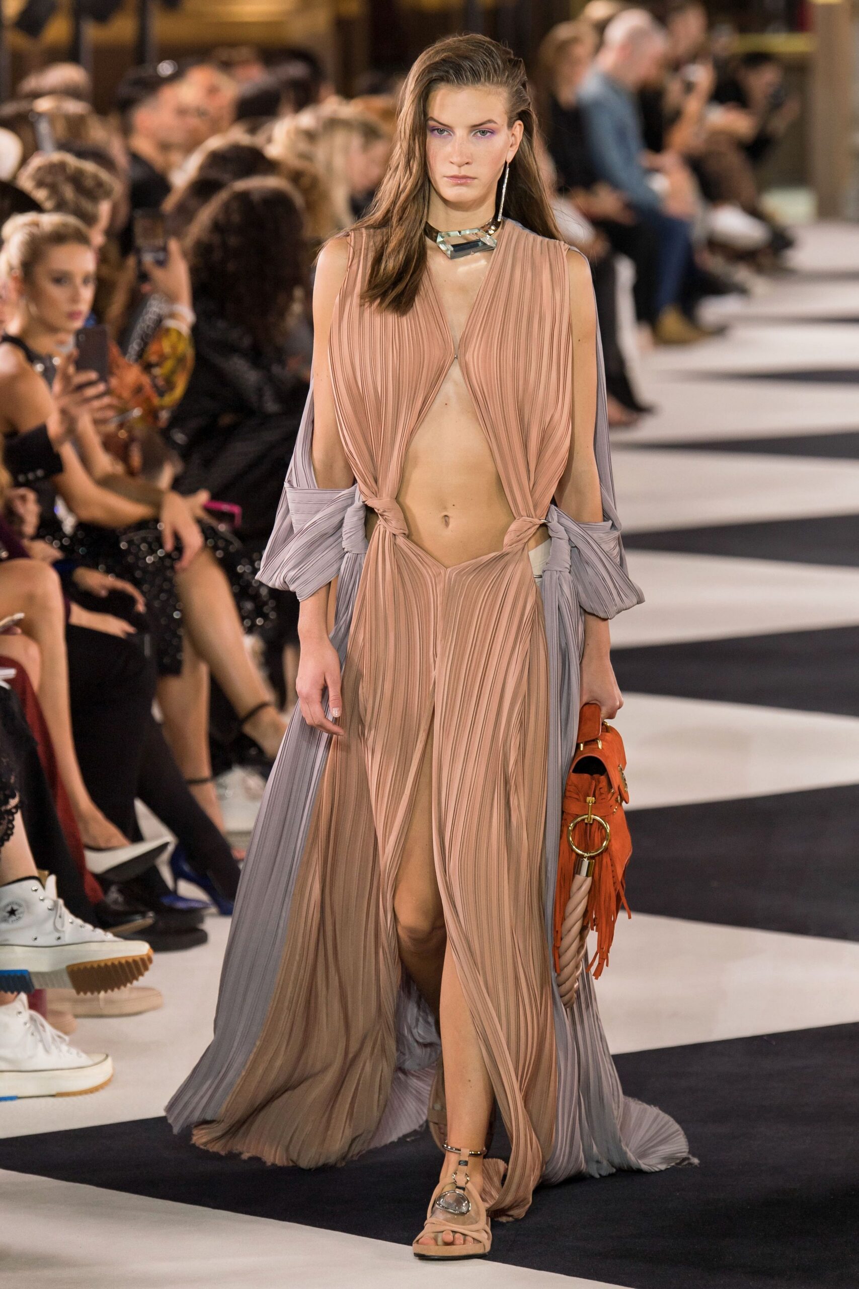 beige silk sleeveless v-neck fitted pleated draped dress